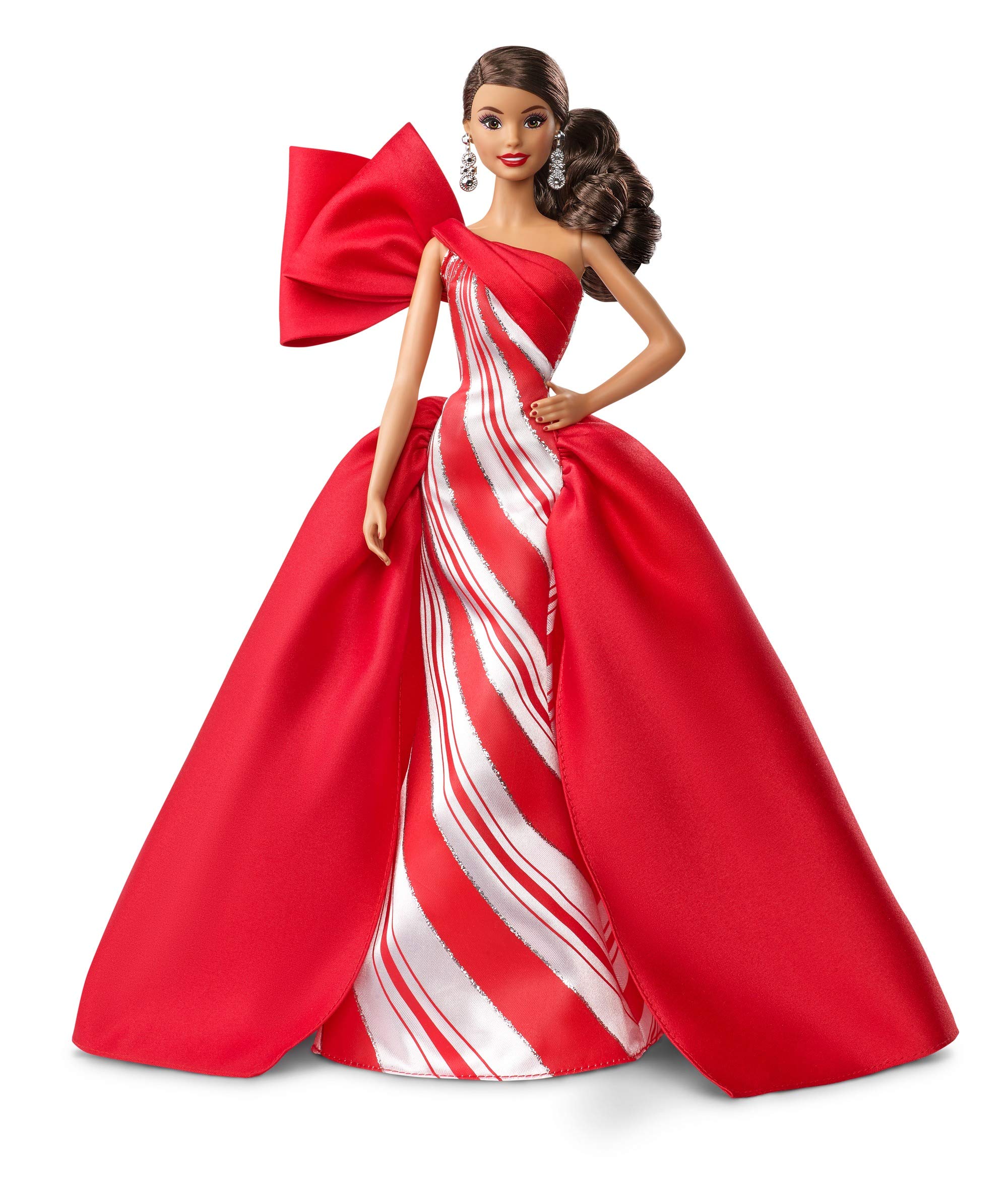 Wearing Red And White Gow Wavy Brunette 11.5-Inch Barbie 2019 Holiday Doll