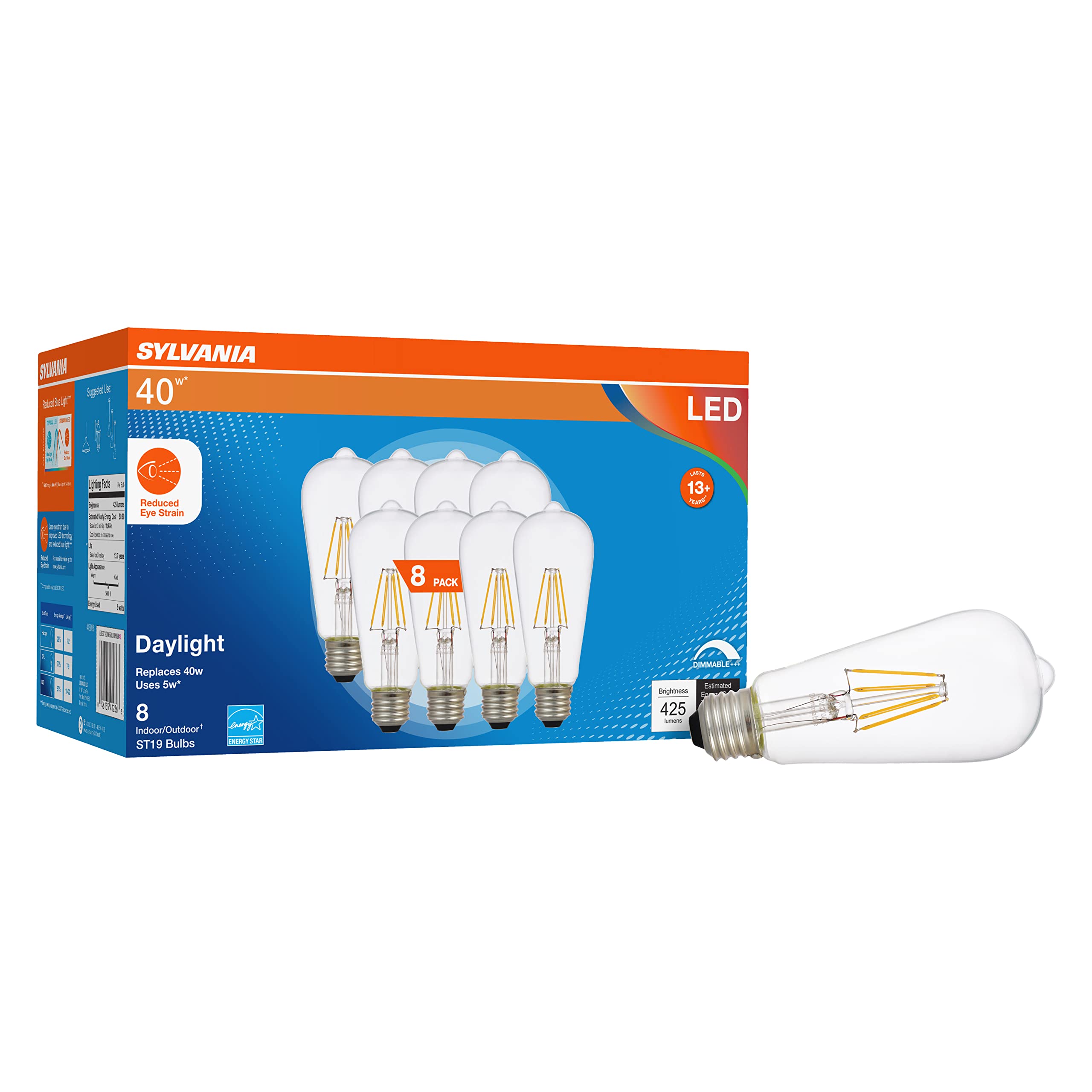 8 pack) Sylvania Reduced Eye Strain ST19 LED Light Bulb, 40W = 5W