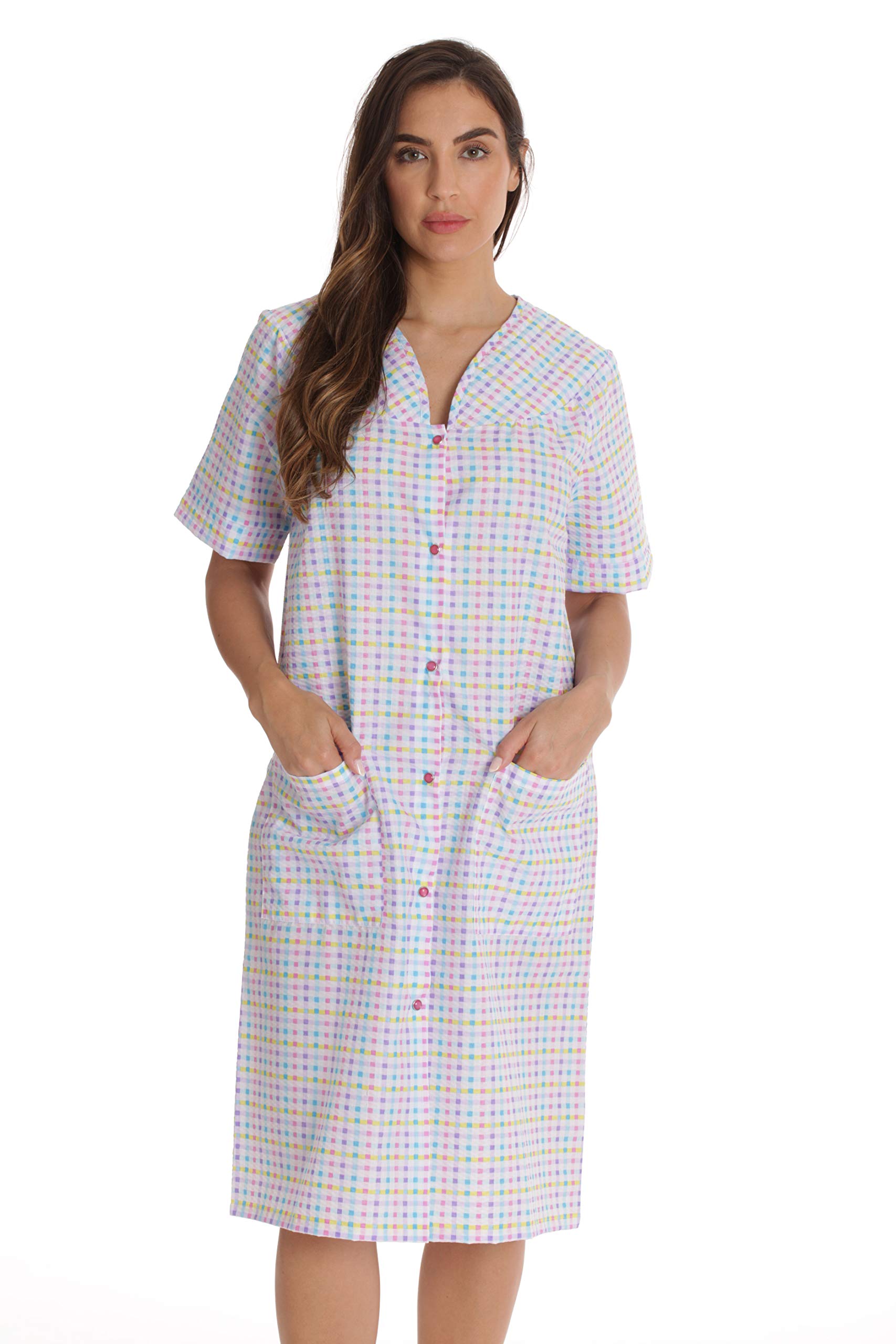 thumbnail image 2 of Dreamcrest Seersucker Duster Robe - Snap Front House Coat With Pockets For Women, 55% Cotton Comfort 2 of 10