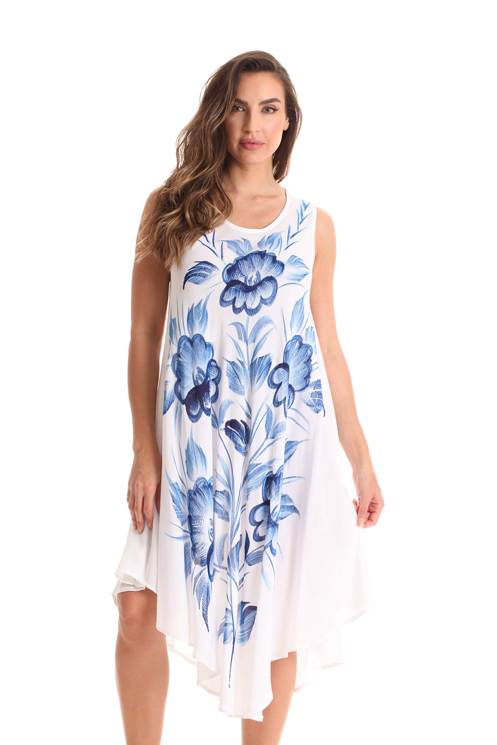 Riviera Sun Sleeveless Umbrella Dresses for Women (White - Blue Flower, Medium)