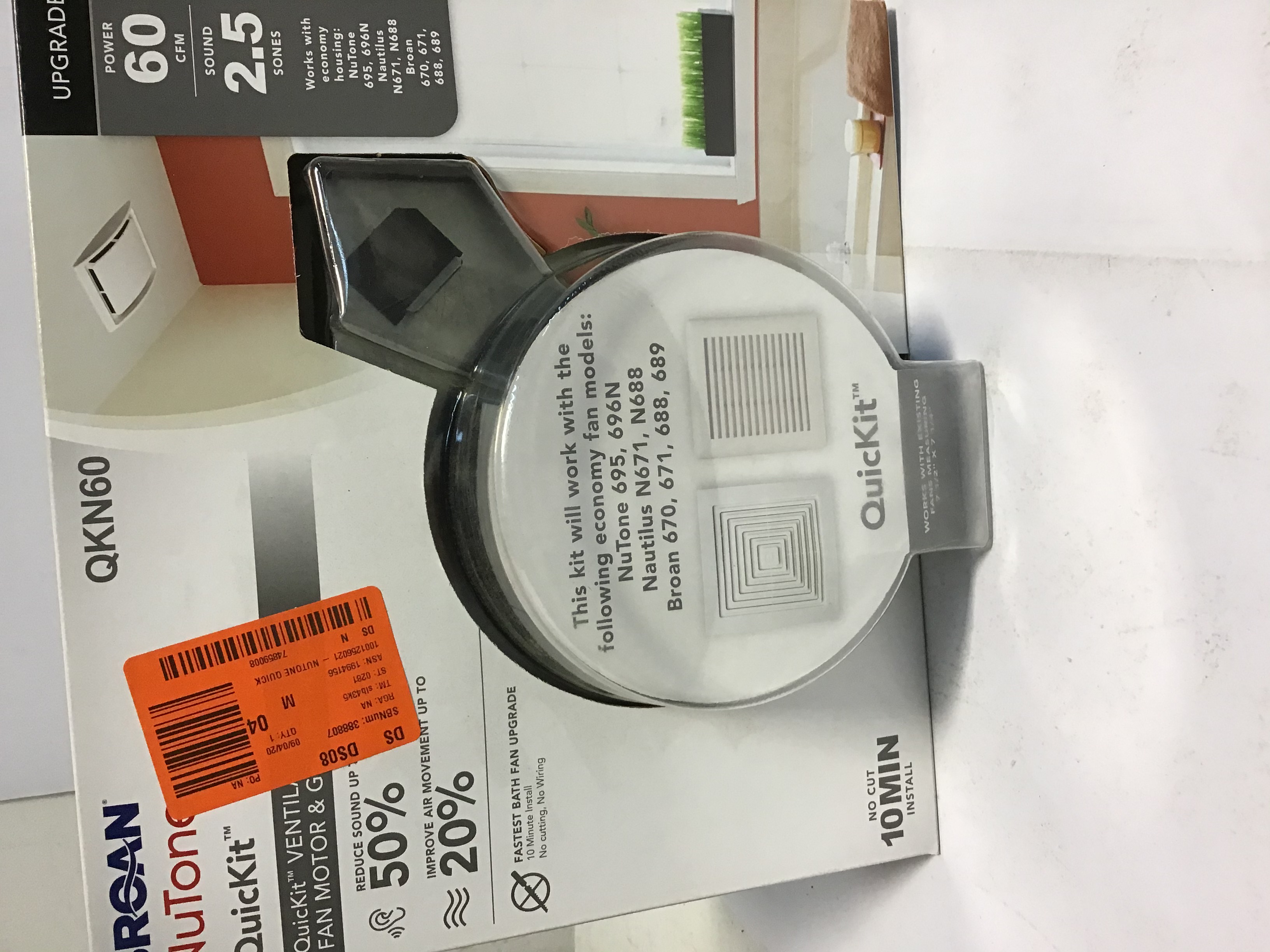 QKN60 Nutone Quickit 60 CFM 2.5 Sones Bath Fan Upgrade Kit [O