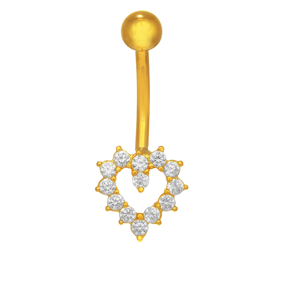 14k Real Yellow Gold Belly Button Open Heart CZ Navel Ring
