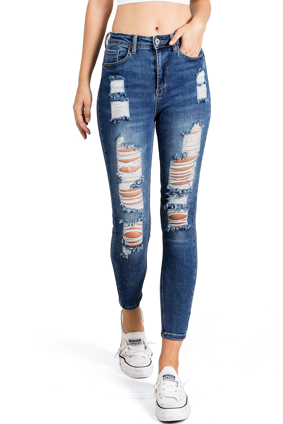 Machine Jeans Juniors Mid Waist Distressed Ankle Slit Jeans (1, Denim) 