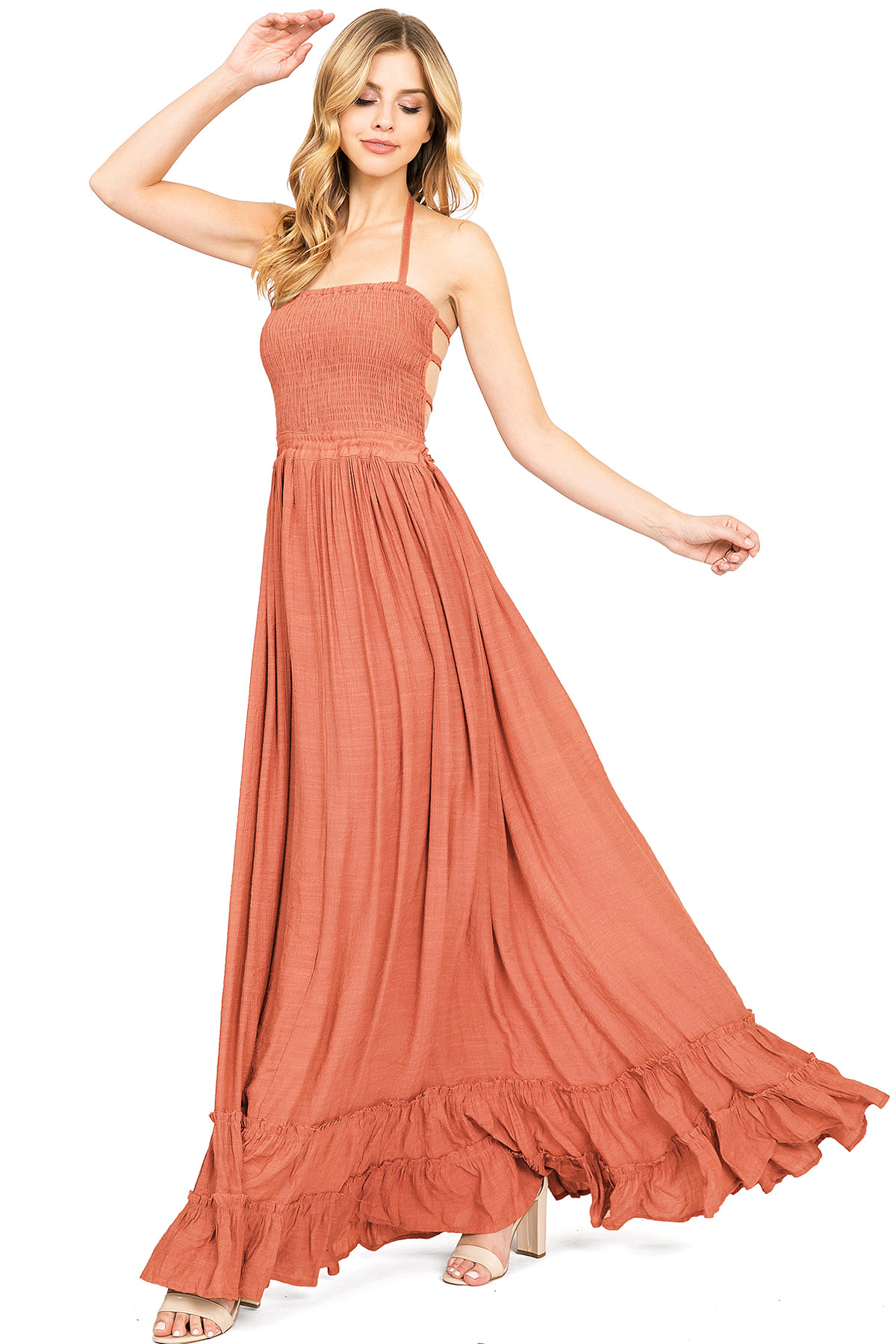 Lana Roux Women's Special Occasion Strappy Back Smocked Halter Maxi Dress - Picture 13 of 19