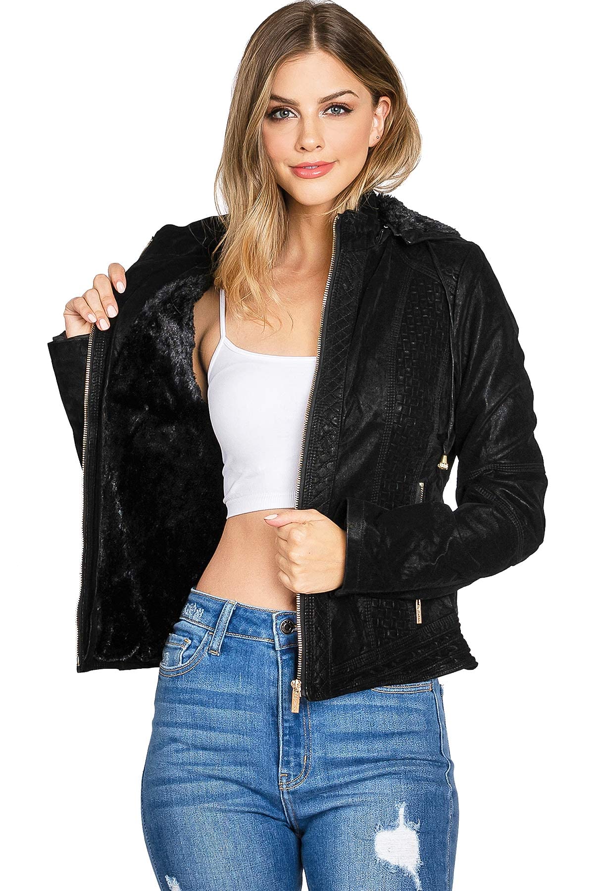 Women's Juniors Fitted Moto Hooded Faux Leather Jacket
