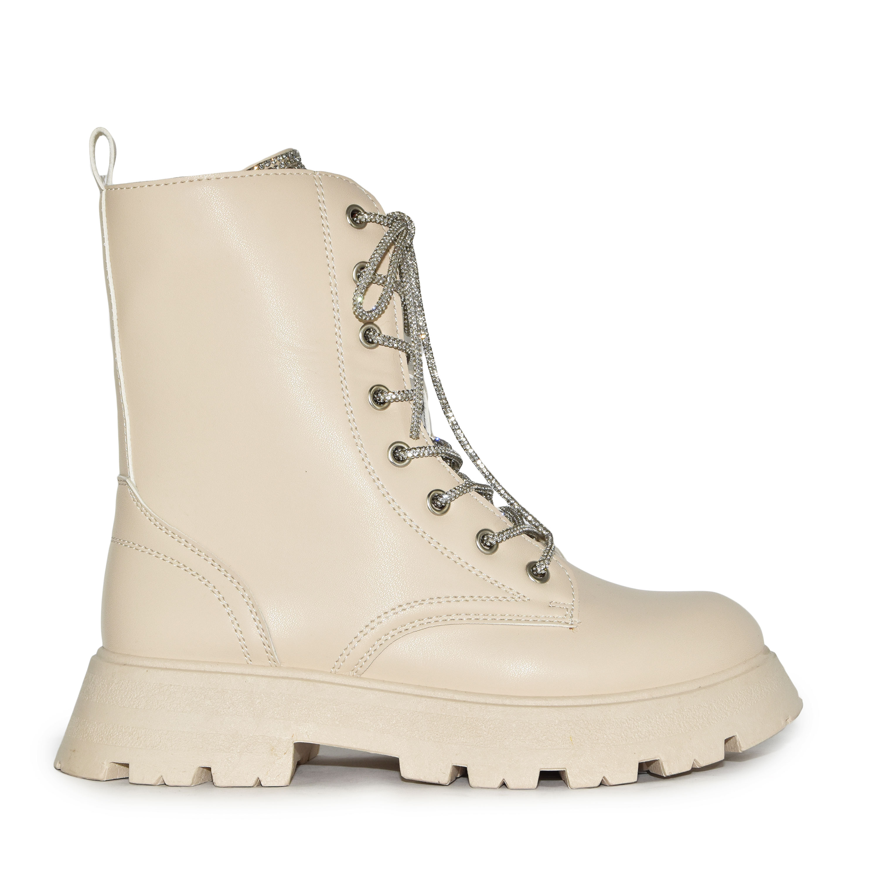 Wild Diva Rhinestone Embellished Laceup Military Lugsole Combat Boots - Picture 3 of 12
