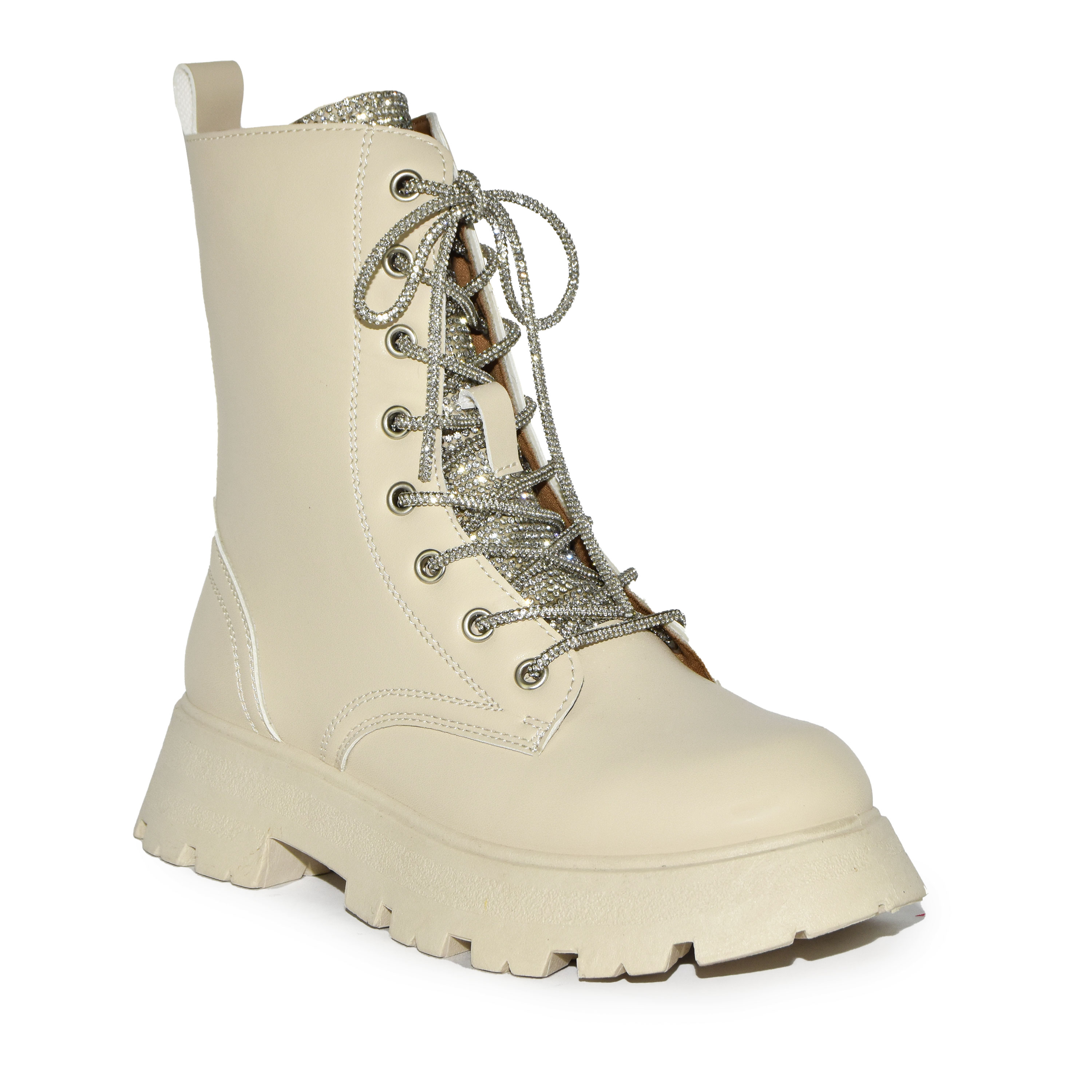 Wild Diva Rhinestone Embellished Laceup Military Lugsole Combat Boots - Picture 2 of 12