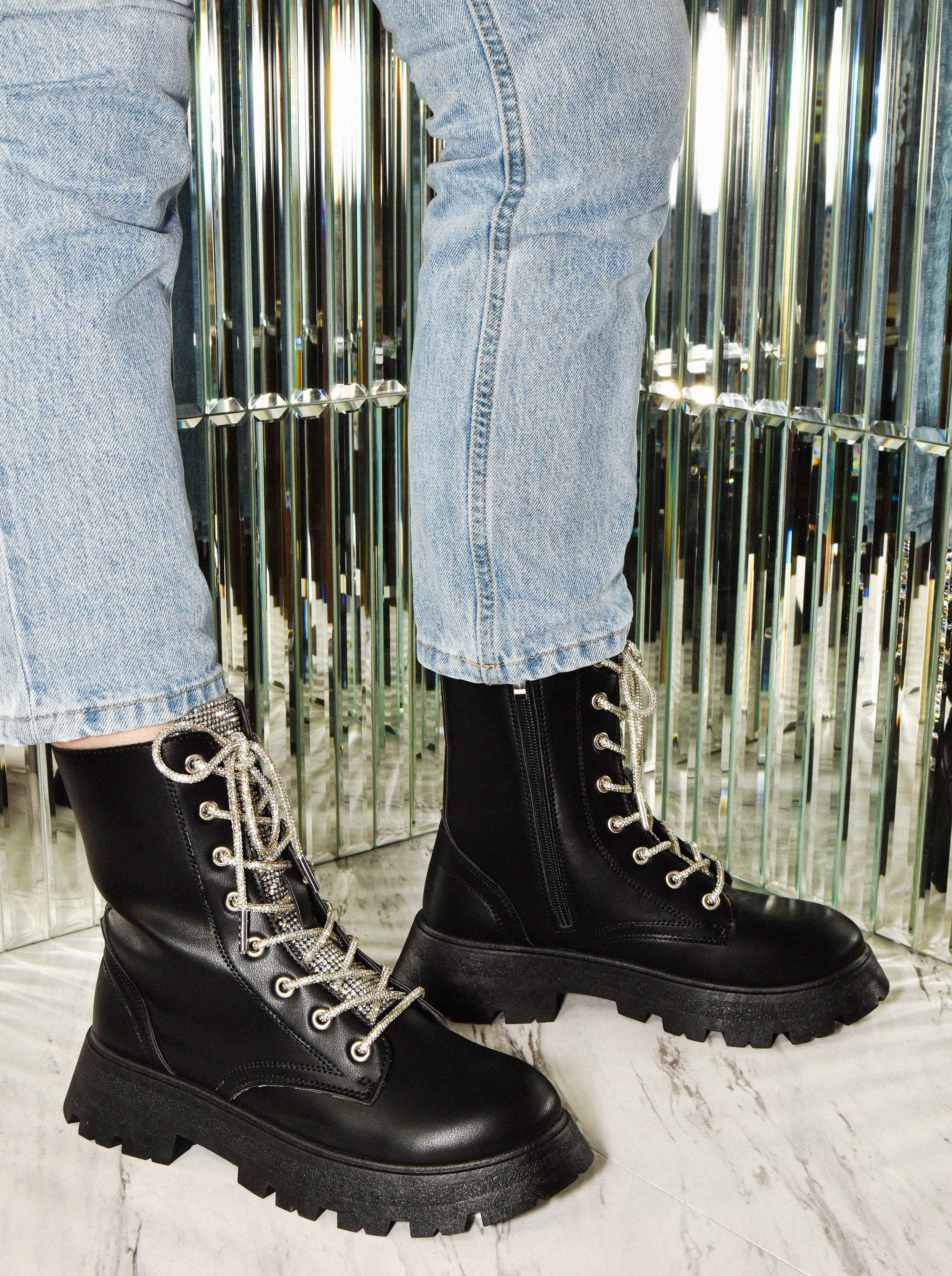 Wild Diva Rhinestone Embellished Laceup Military Lugsole Combat Boots - Picture 7 of 12