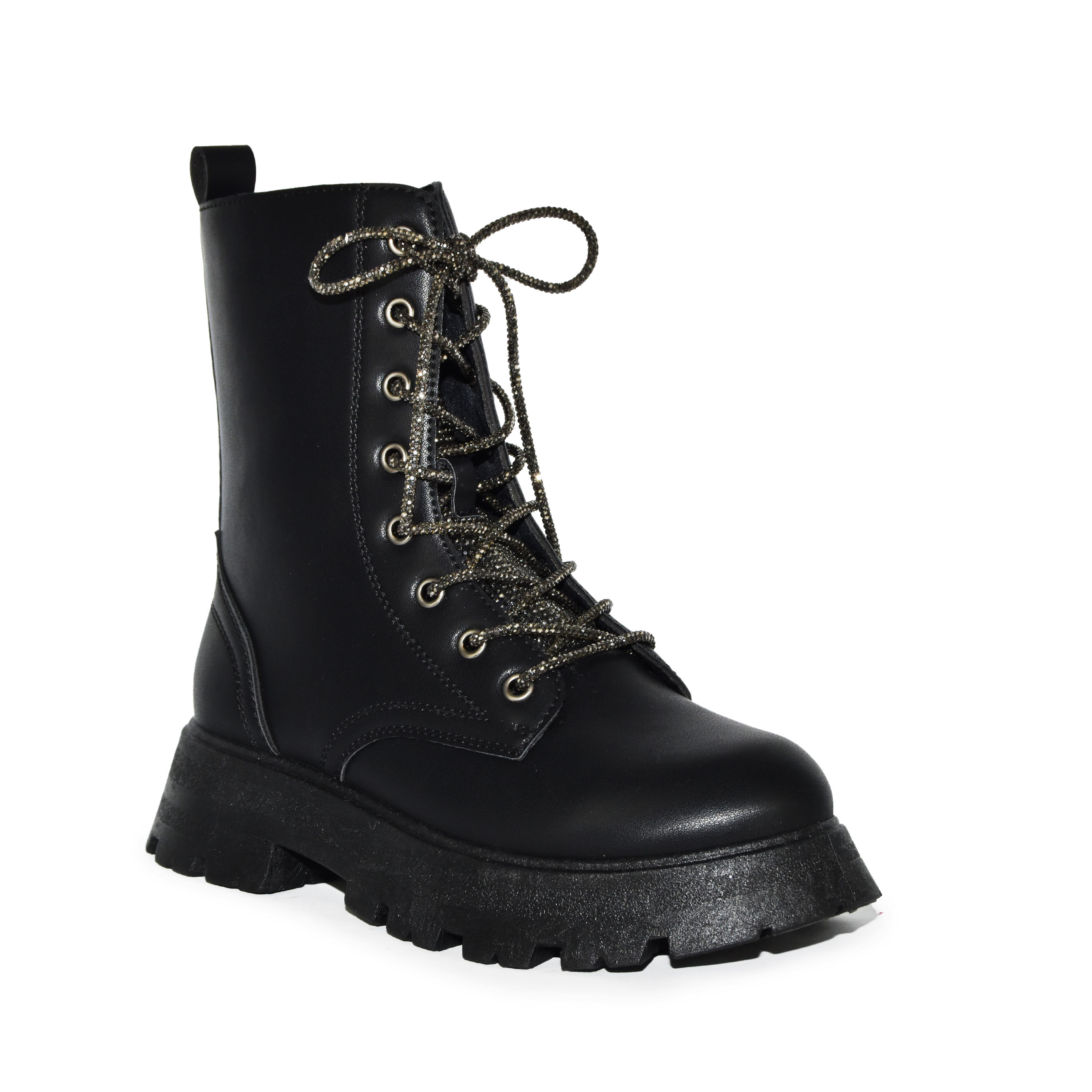 Wild Diva Rhinestone Embellished Laceup Military Lugsole Combat Boots - Picture 8 of 12