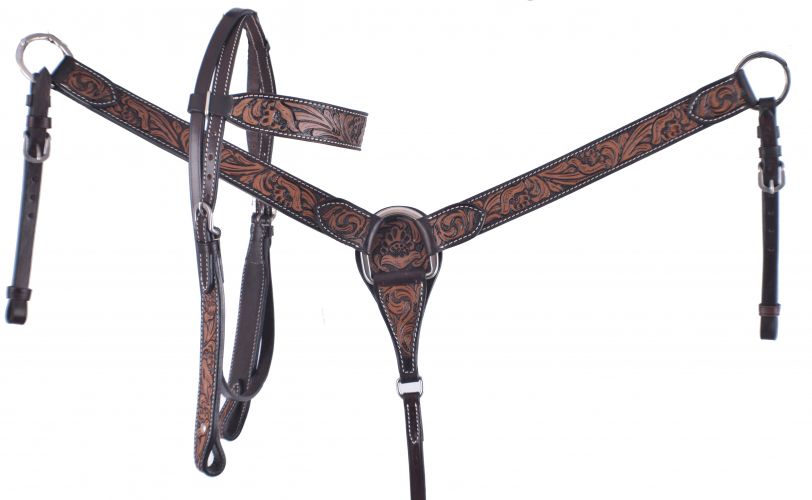 Showman 85005 Hand Painted Floral Tooled Headstall And Breast Collar With Teal Buck Stitch