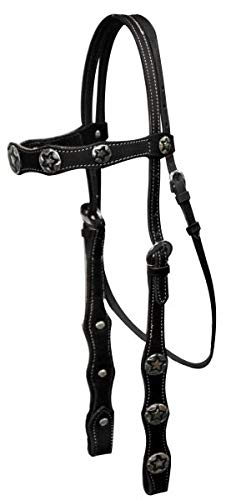 Double Stitched Leather Browband Headstall w/ Silver Star Conchos & Reins