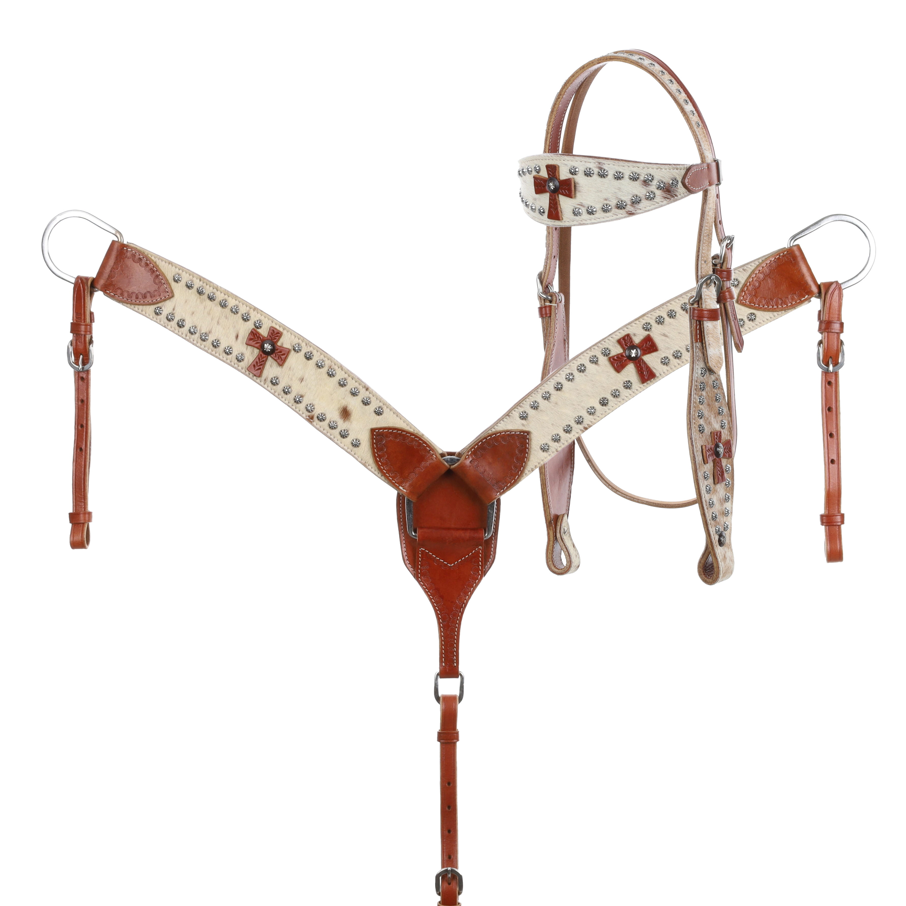 Showman Tooled Leather Headstall & Breast Collar Set W/Cut Out Crosses