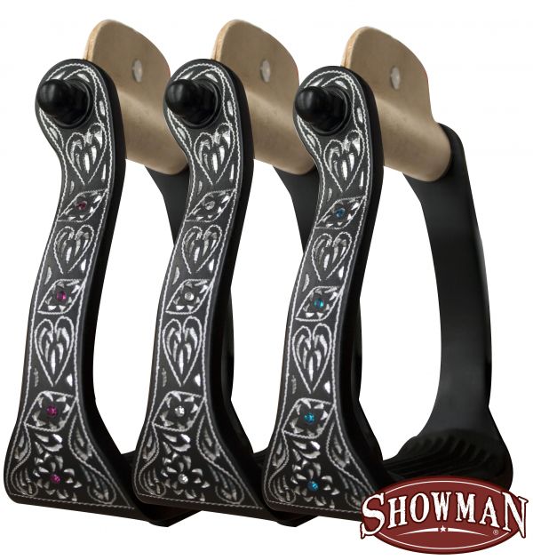 Showman Black Engraved Western Aluminum Stirrups w/ Rhinestones - Picture 4 of 6