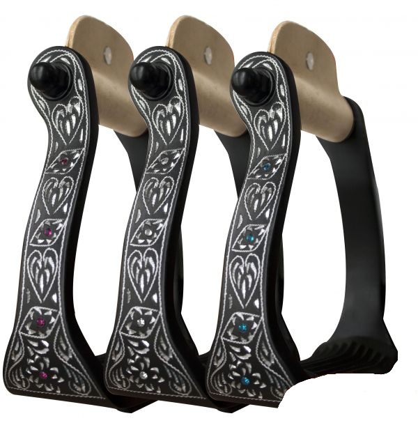 Showman Black Engraved Western Aluminum Stirrups w/ Rhinestones - Picture 2 of 6