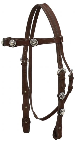 Leather Headstall w/ Crystal Rhinestone Conchos & Reins - Picture 3 of 4