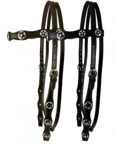 Double Stitched Leather Browband Headstall w/ Silver Star Conchos & Reins