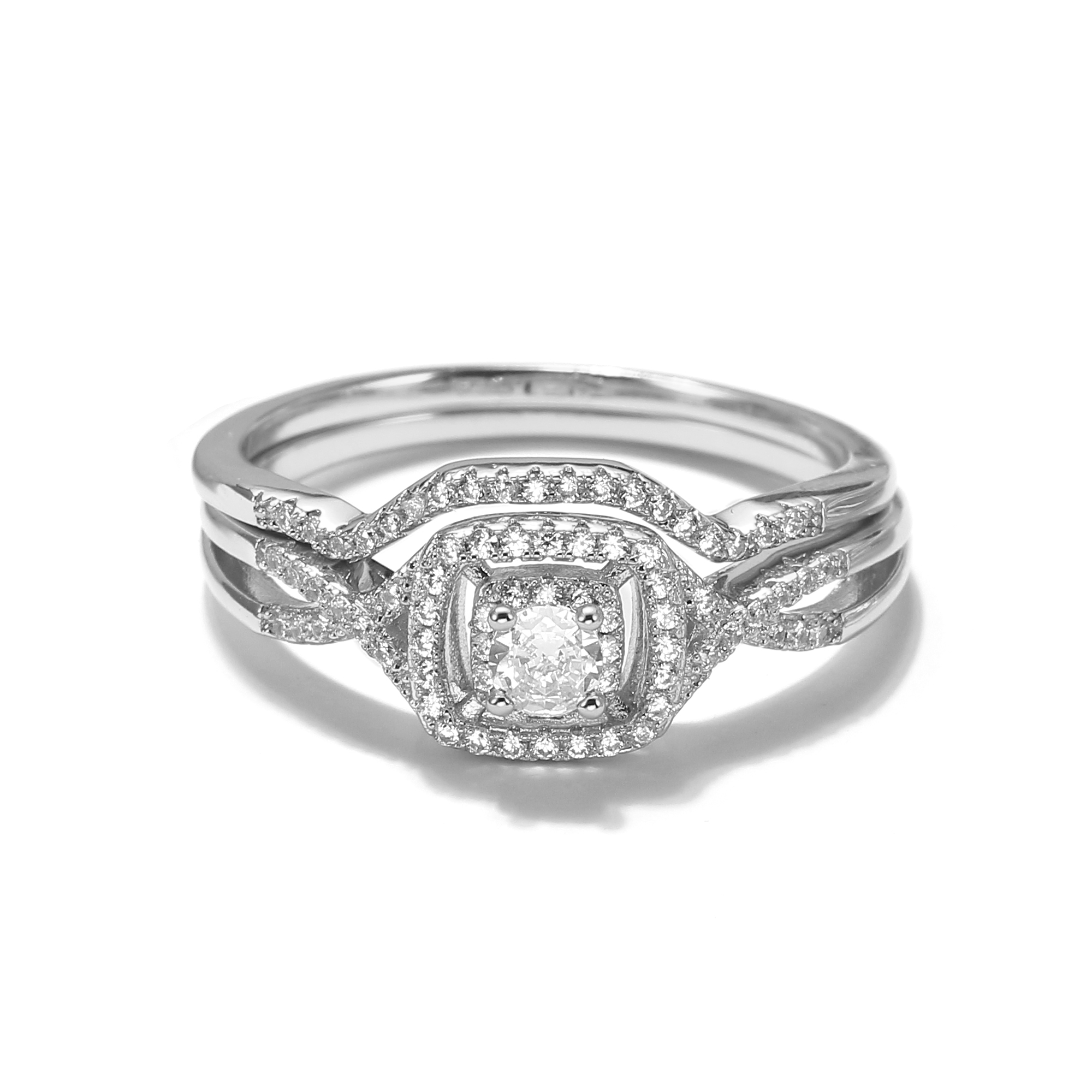 Wedding Ring Set for Women Halo CZ White Gold Sterling Silver Engagement Ring - Picture 27 of 33