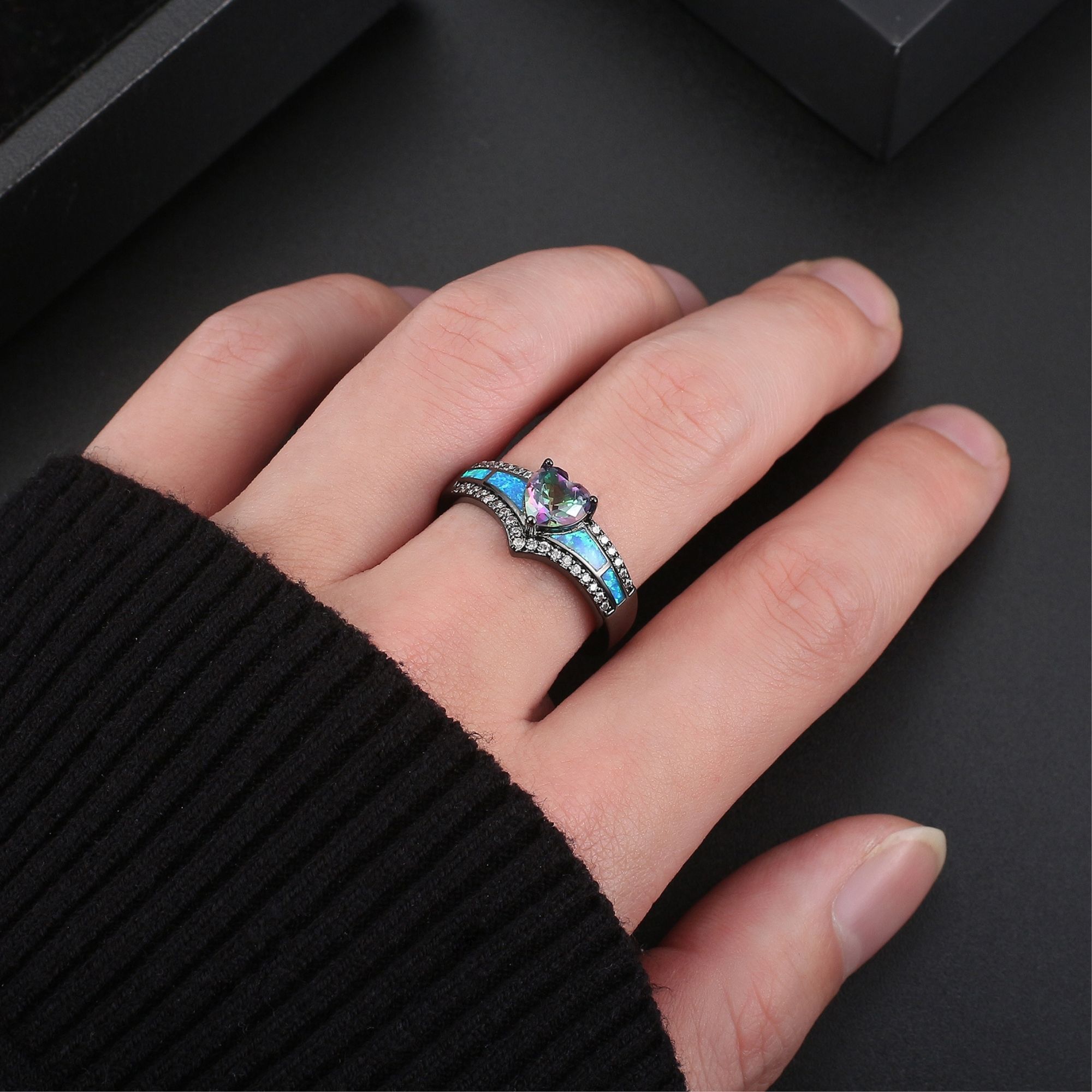 Black Engagement Ring for Women Mystic Topaz CZ Heart Promise Ring  Gift for