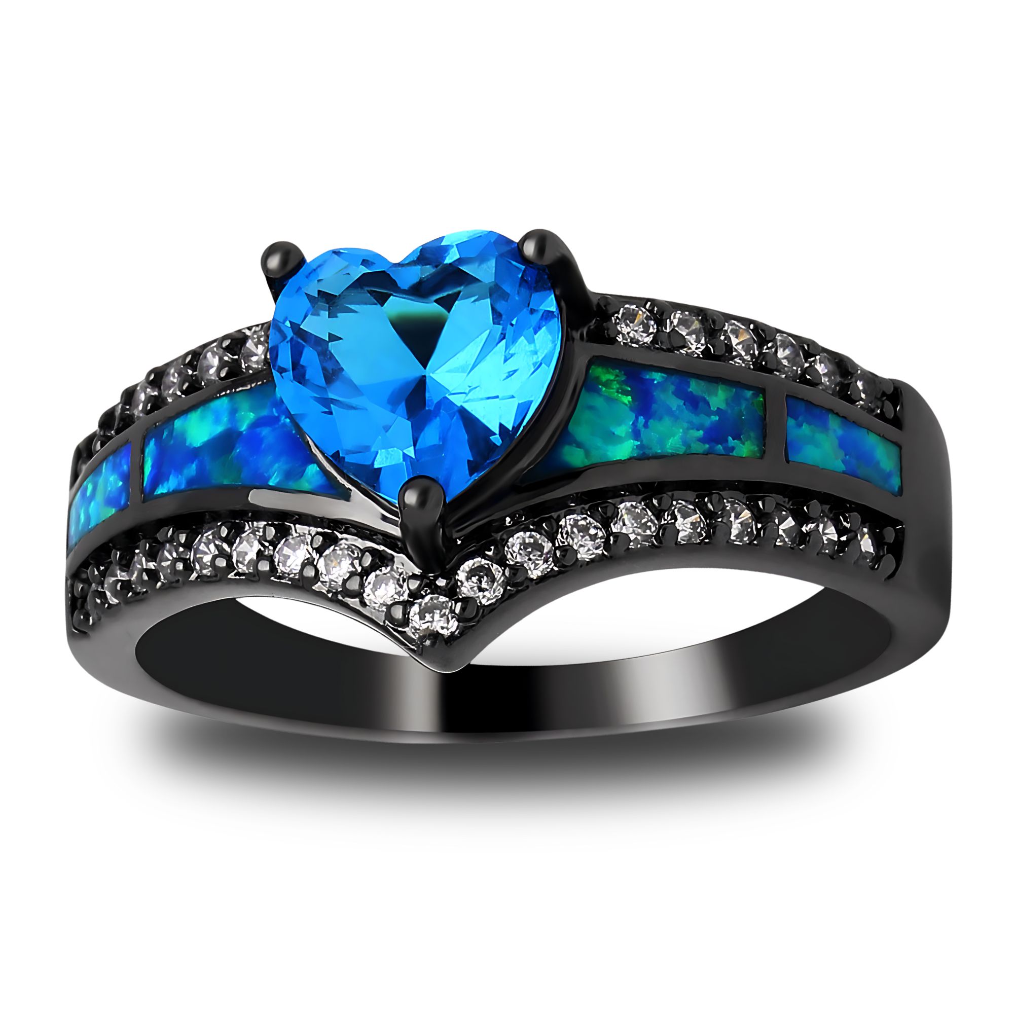 Black Engagement Ring for Women Mystic Topaz CZ Heart Promise Ring  Gift for