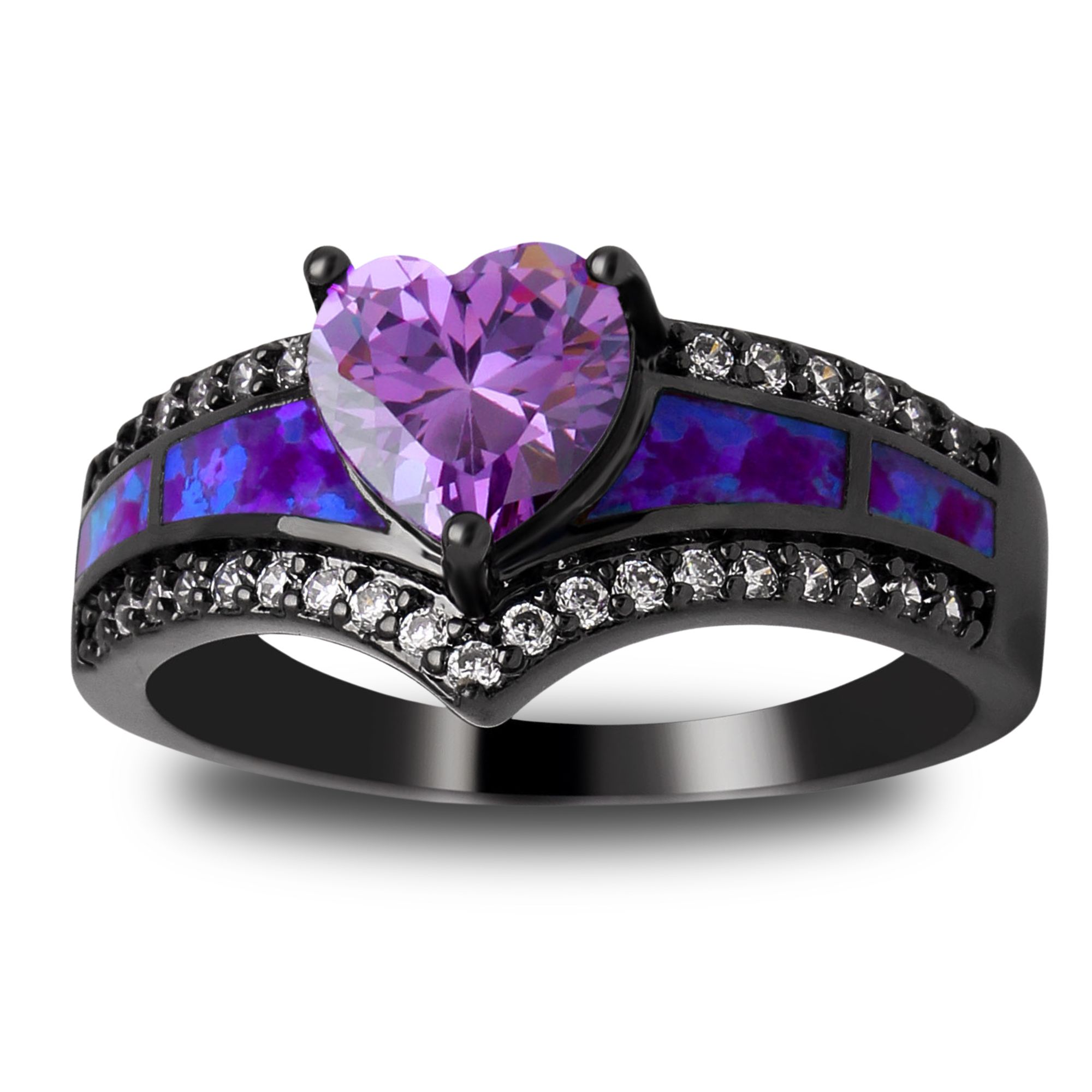 Black Engagement Ring for Women Mystic Topaz CZ Heart Promise Ring  Gift for