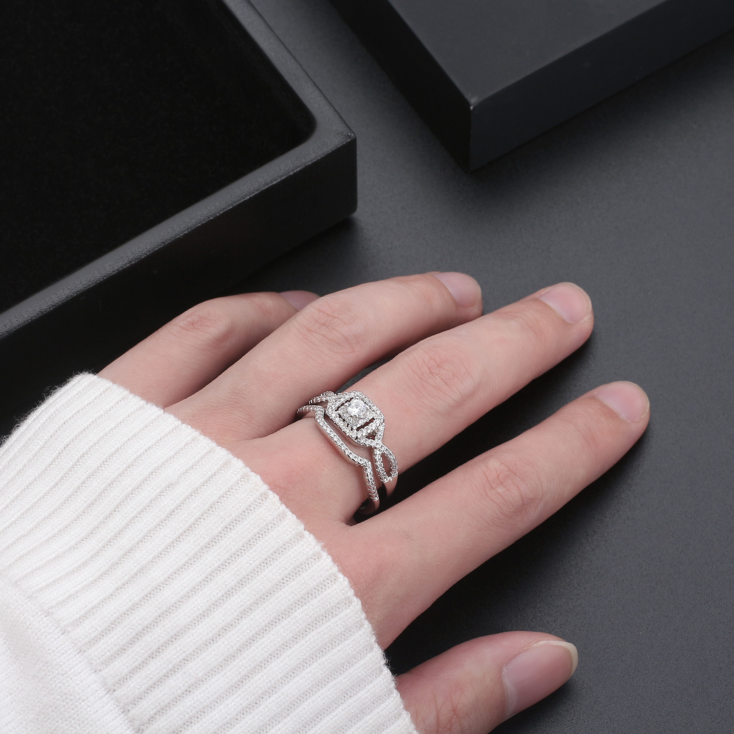 Wedding Ring Set for Women Halo CZ White Gold Sterling Silver Engagement Ring - Picture 26 of 33