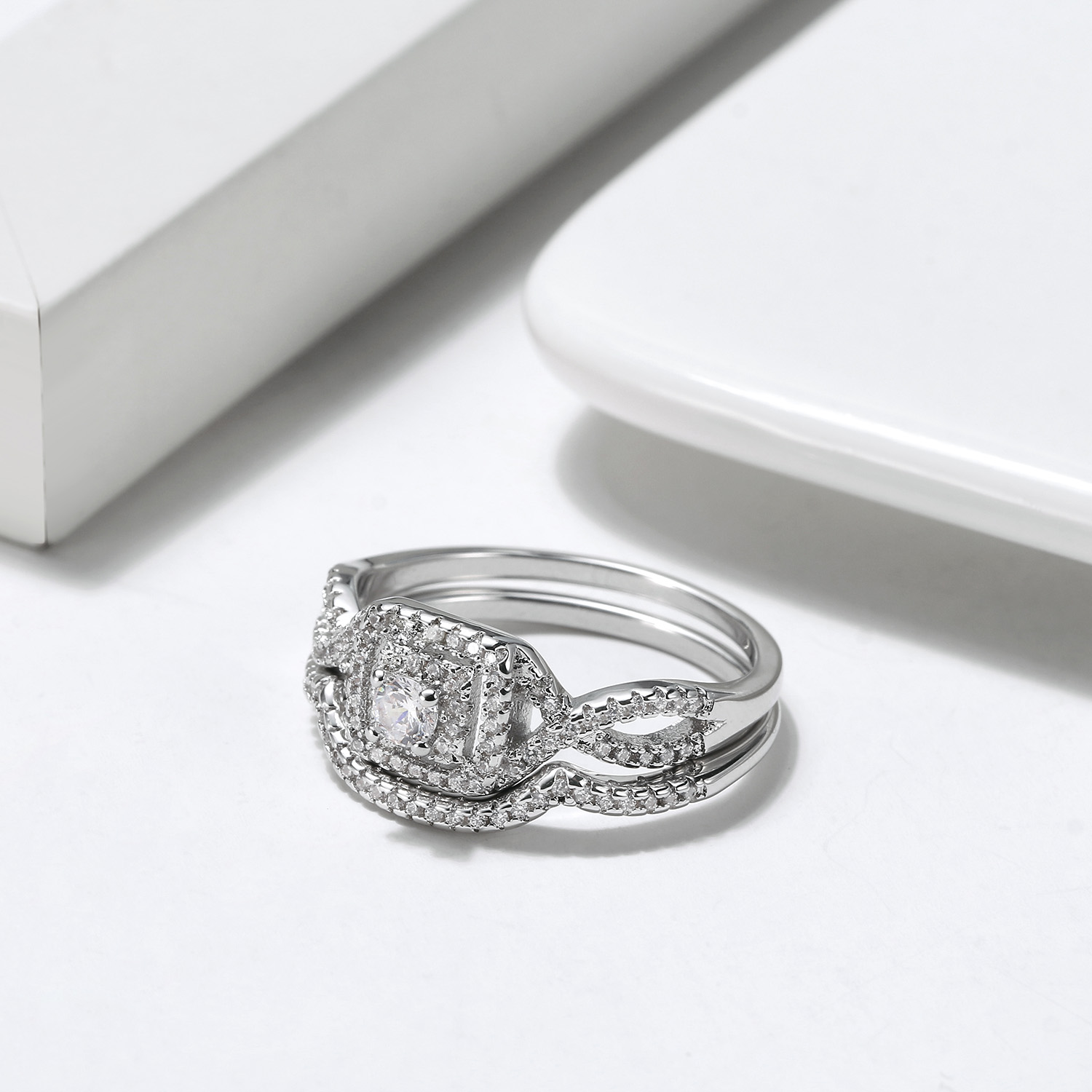 Wedding Ring Set for Women Halo CZ White Gold Sterling Silver Engagement Ring - Picture 25 of 33
