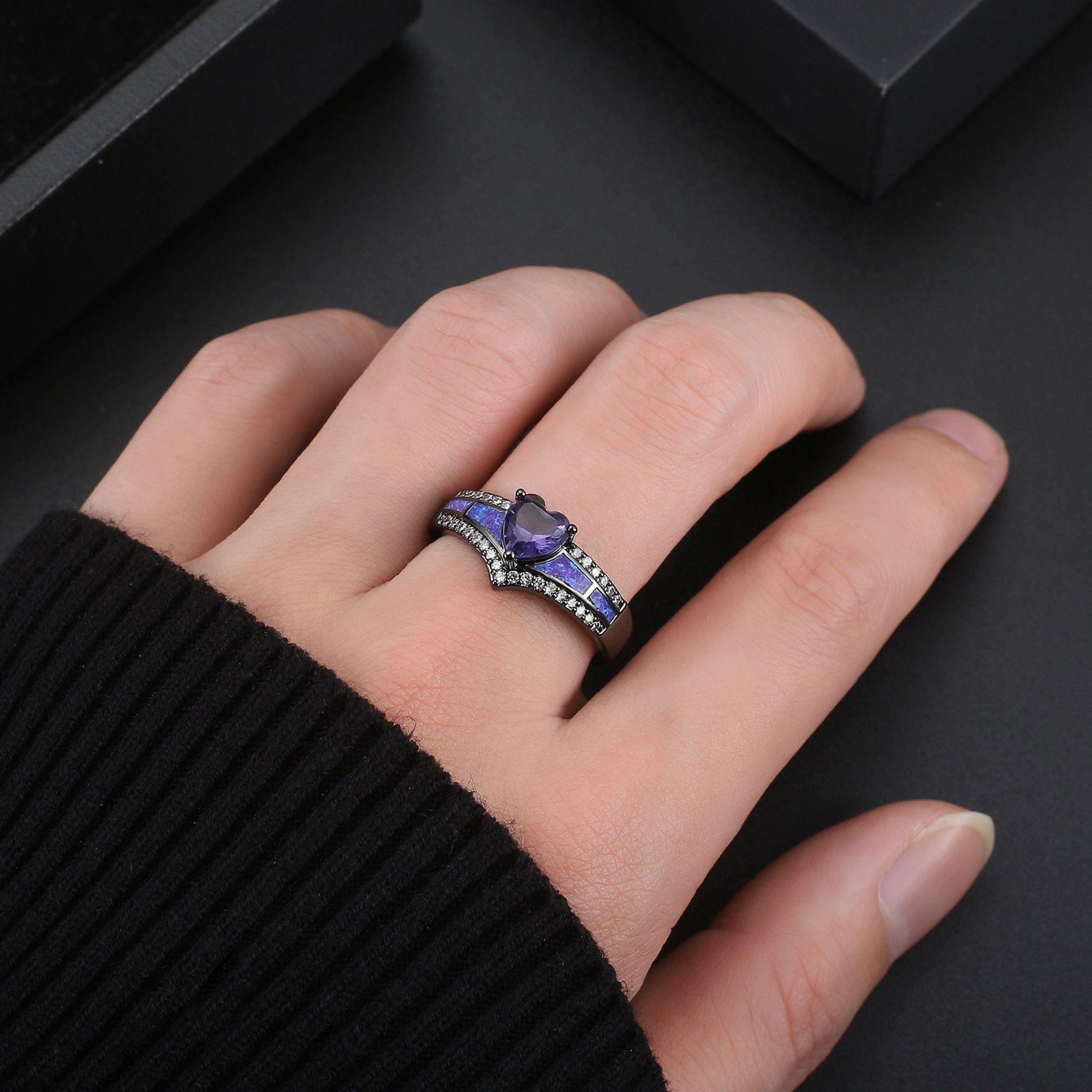 Black Engagement Ring for Women Mystic Topaz CZ Heart Promise Ring  Gift for