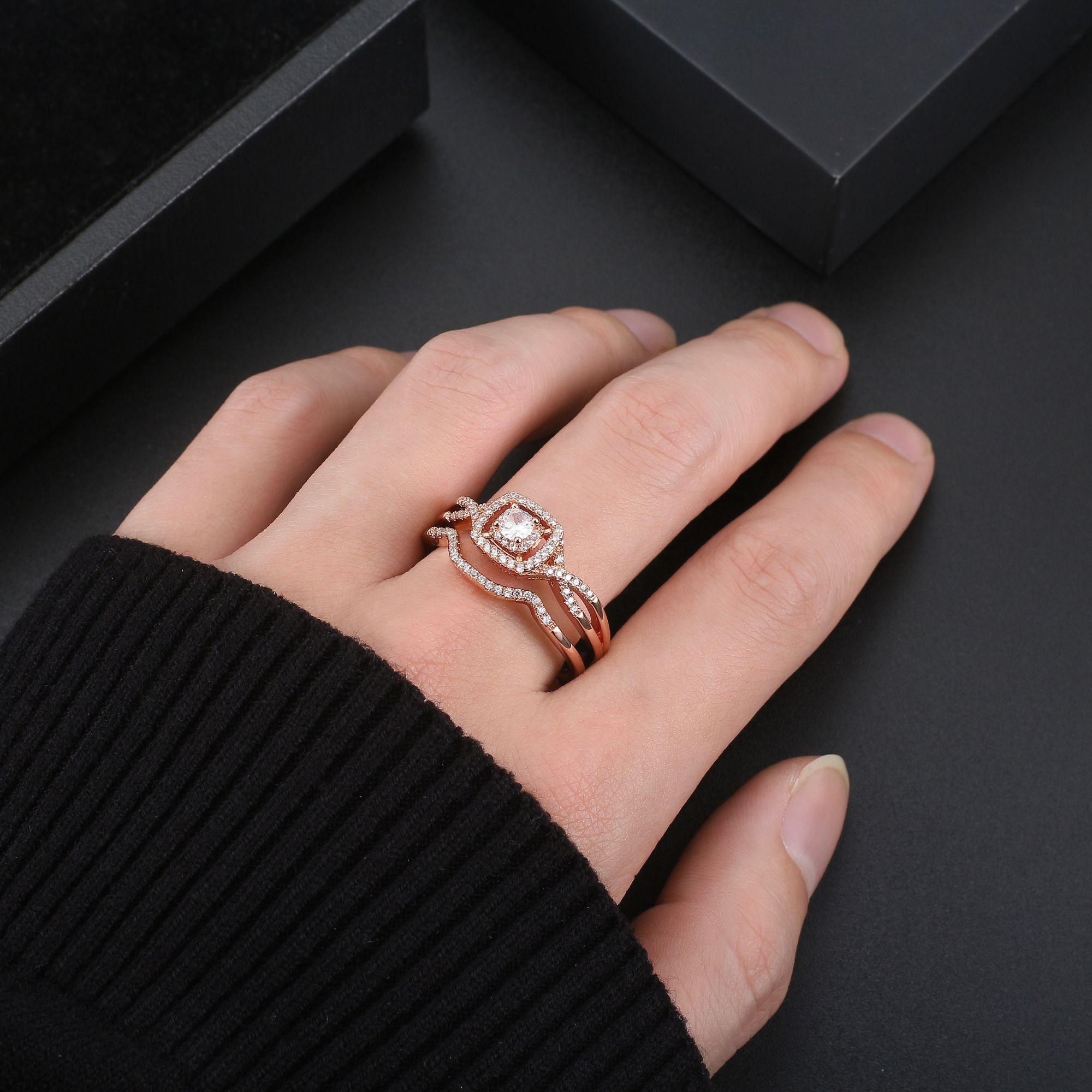 Wedding Ring Set for Women Halo CZ White Gold Sterling Silver Engagement Ring - Picture 16 of 33