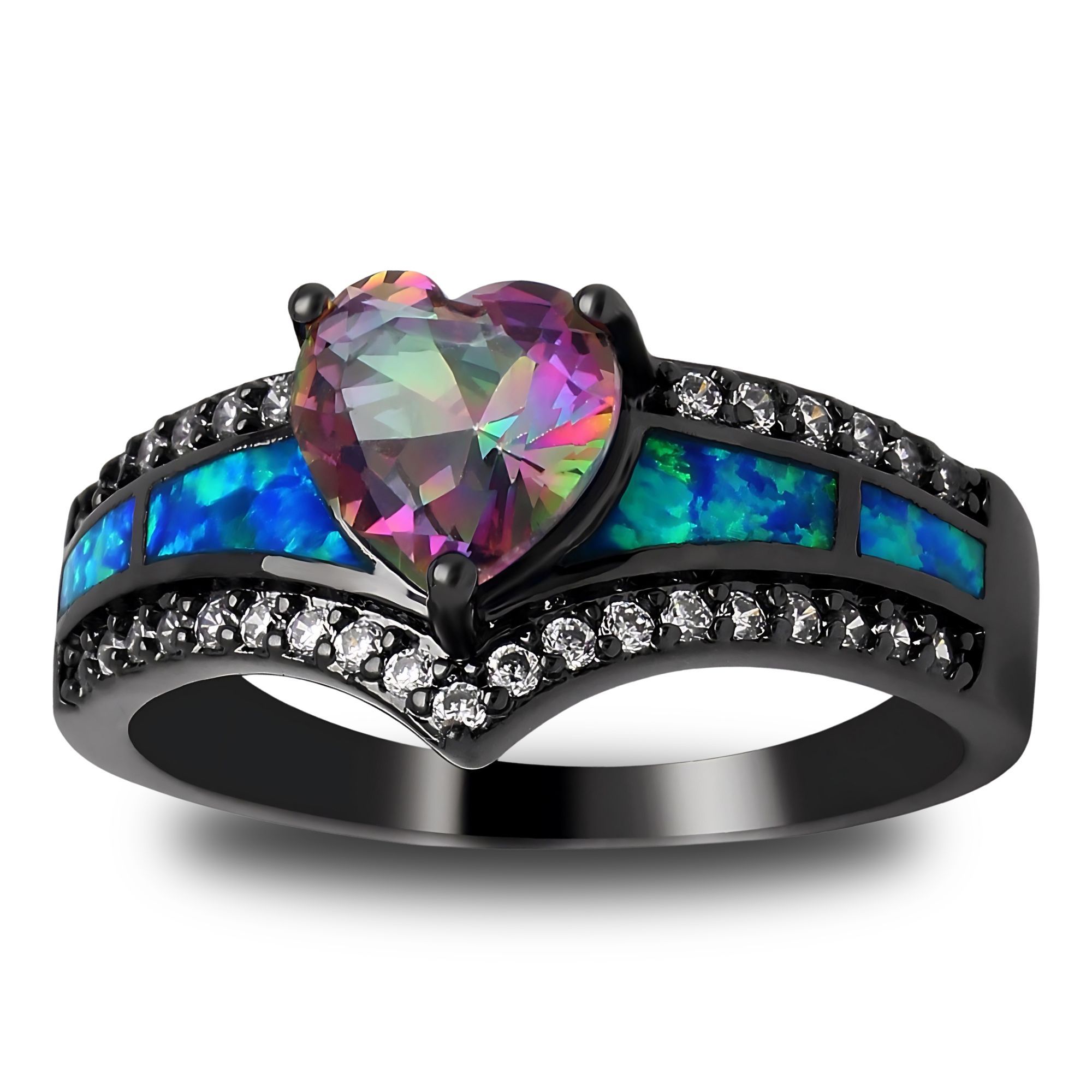 Black Engagement Ring for Women Mystic Topaz CZ Heart Promise Ring  Gift for