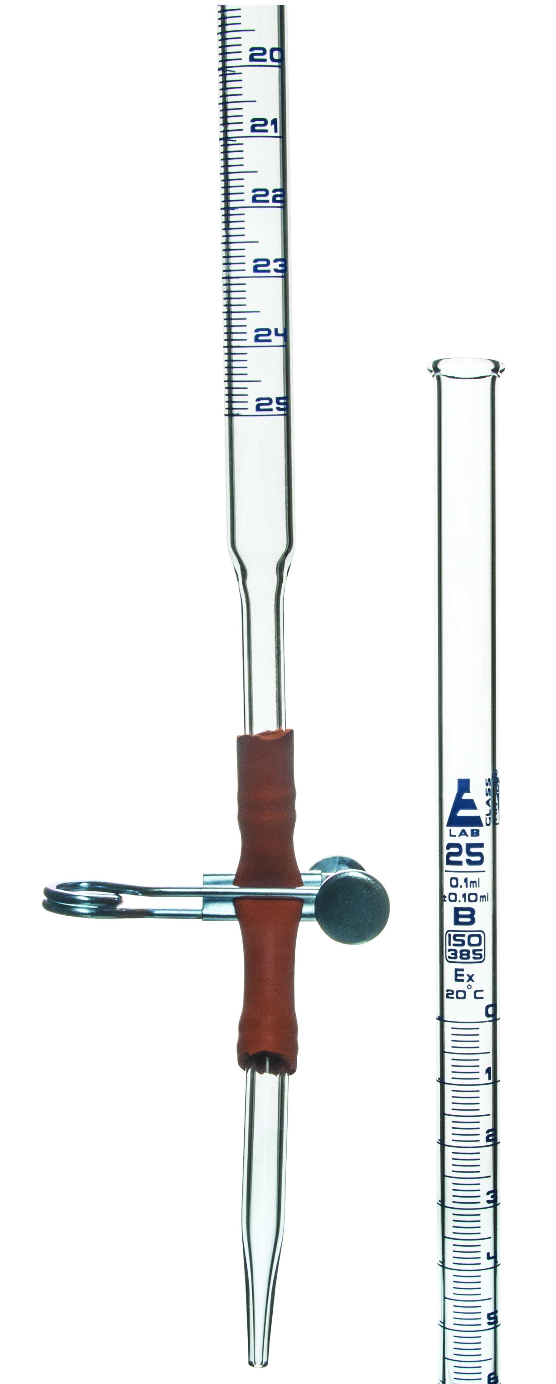 Burette, 25ml Class B, DIN ISO 385, Rubber Tube and Pinch Clip