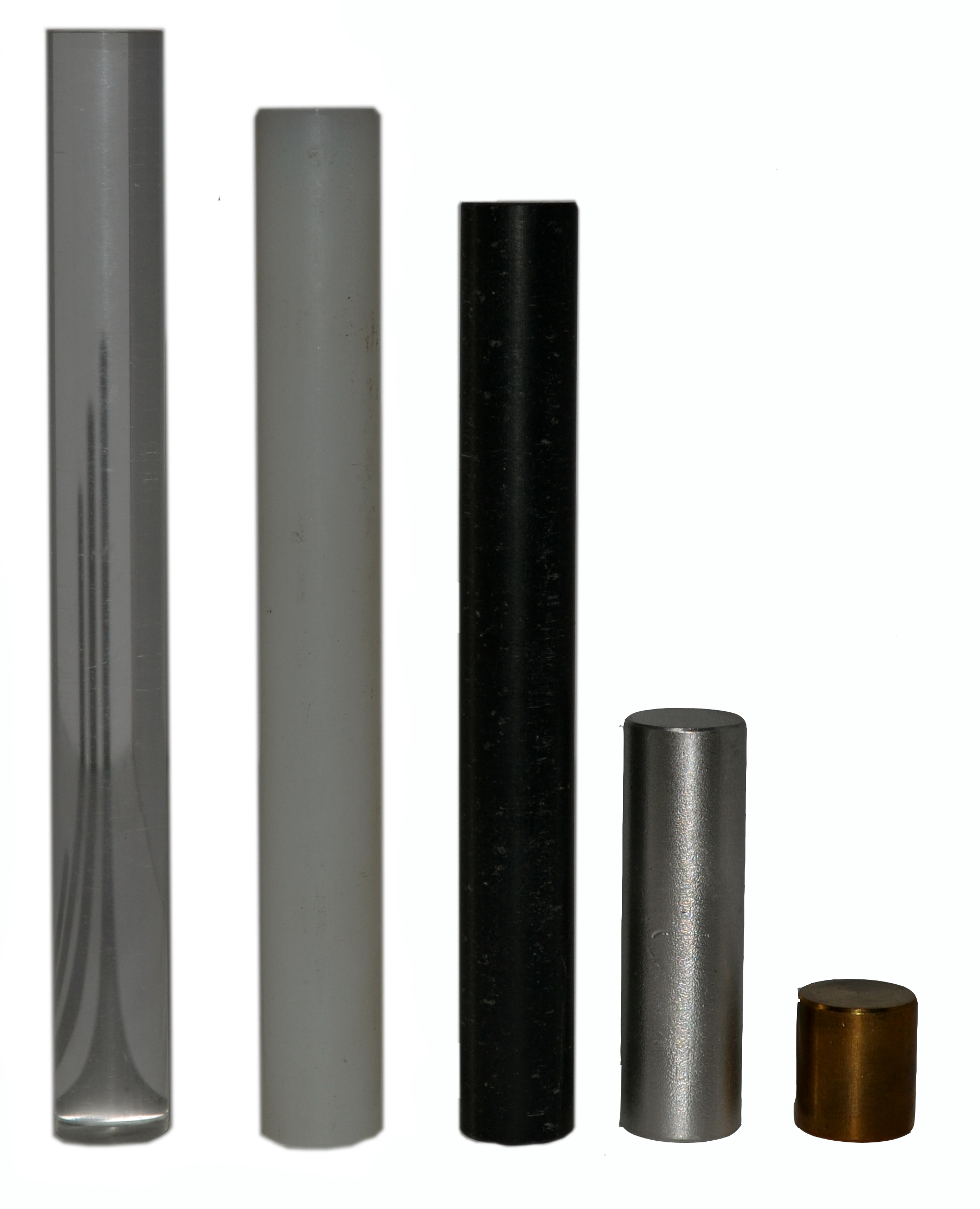Equal Mass Density Cylinder Set Aluminum, Brass, Nylon, Acylic, and