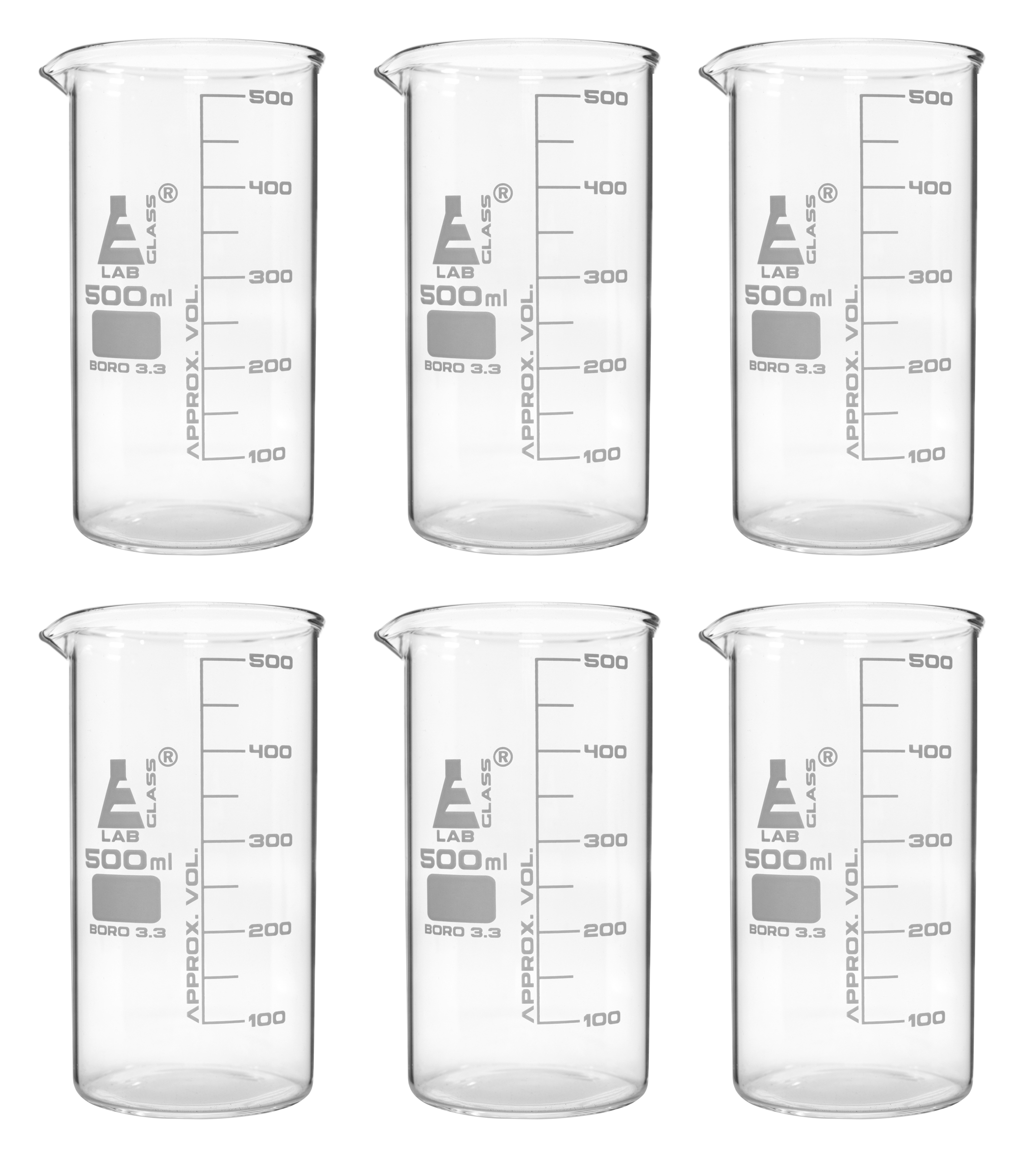 6 Pack Beakers, 500ml - Tall Form, White Grad., Borosilicate Glass ...