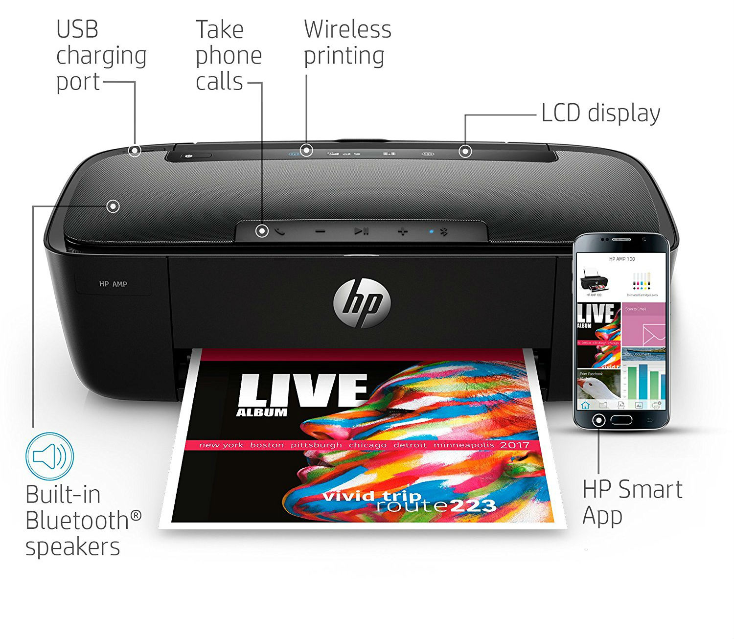 HP AMP 100 AllinOne Printer, Integrated Bluetooth Speaker, Mobile