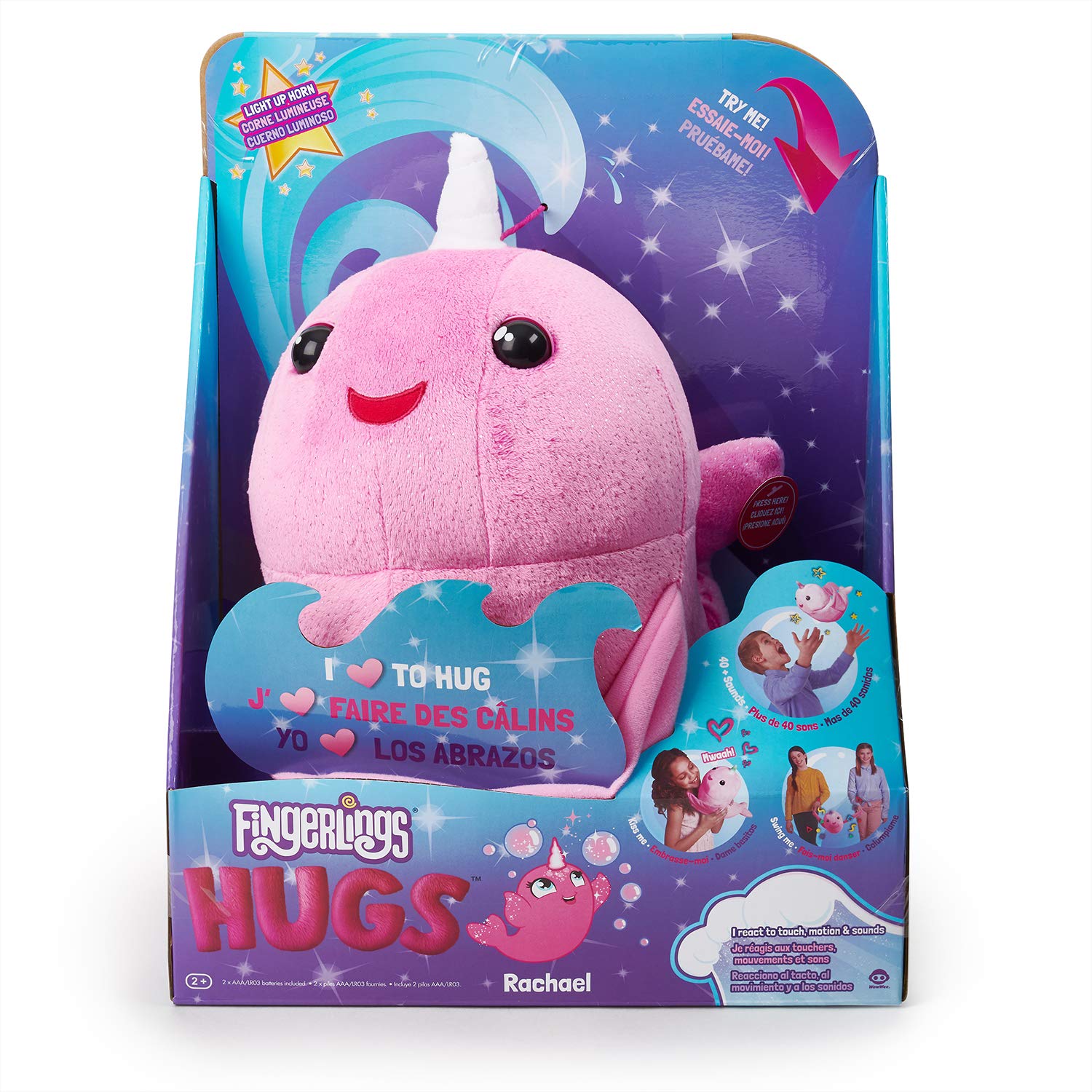 Wow Wee Fingerlings Hugs Friend Rachael pink narwhal plush whale light up horn