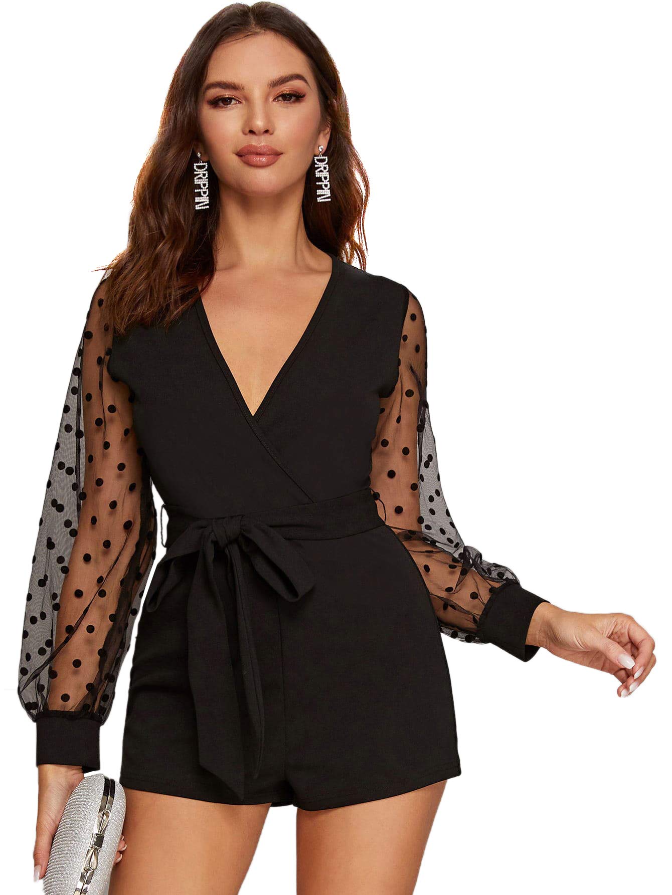 SheIn Women's Notch Collar Mesh Sleeve Button Wrap Trim