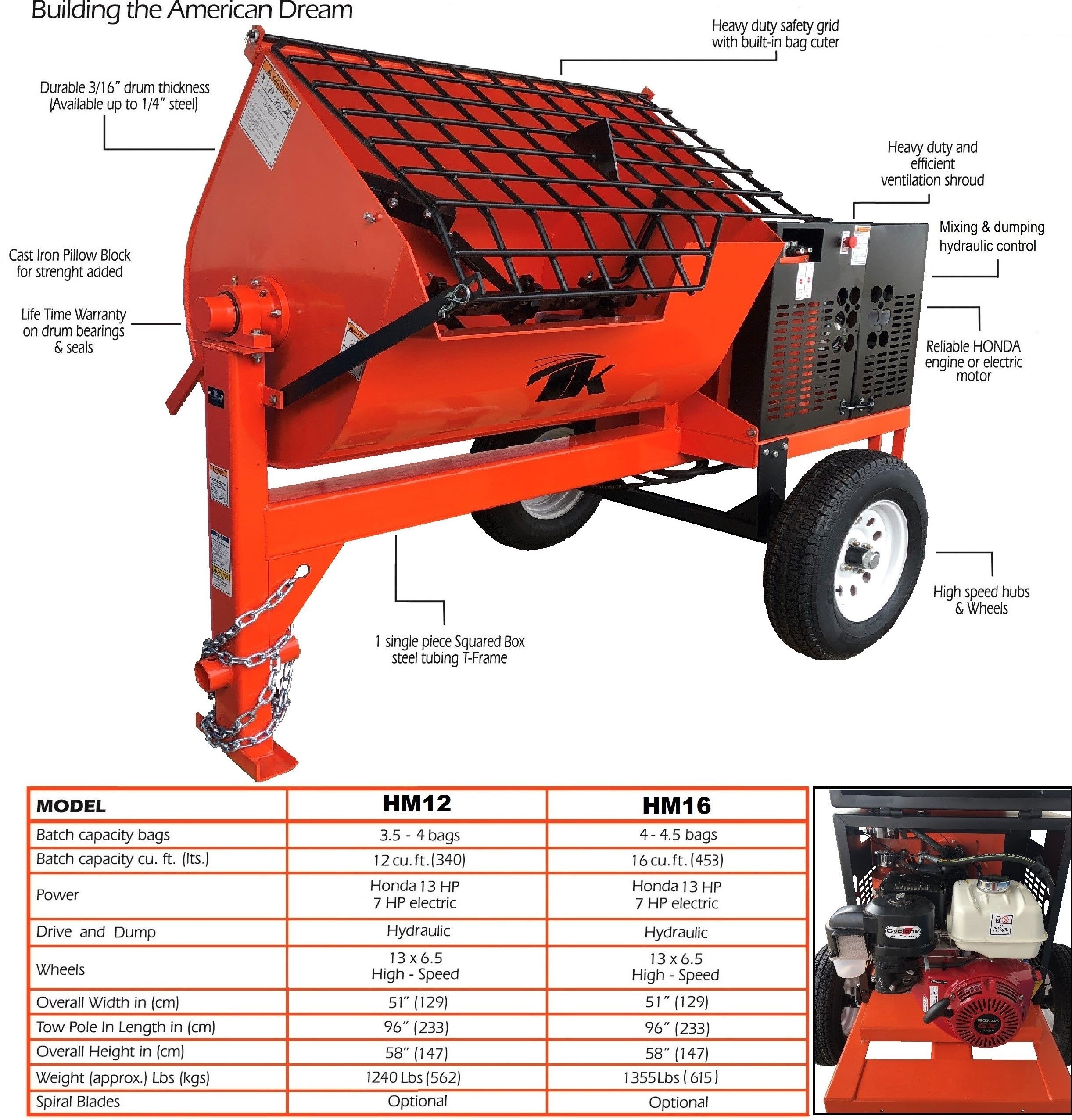 16 cu ft.Hydraulic Towable Steel Drum Concrete Cement Mortar Plaster
