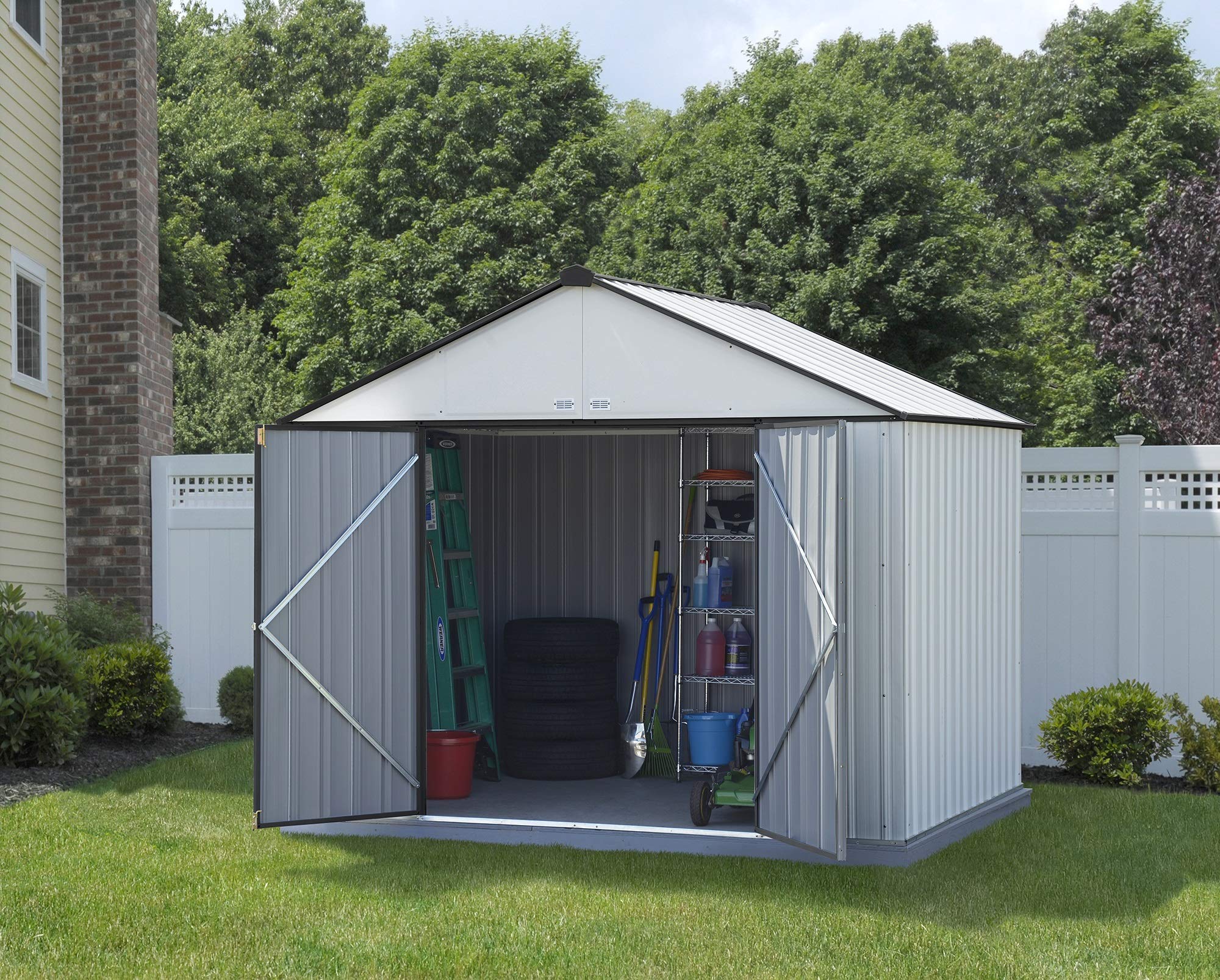 Arrow EZEE Shed Extra High Gable Steel Storage Shed, Cream/Charcoal
