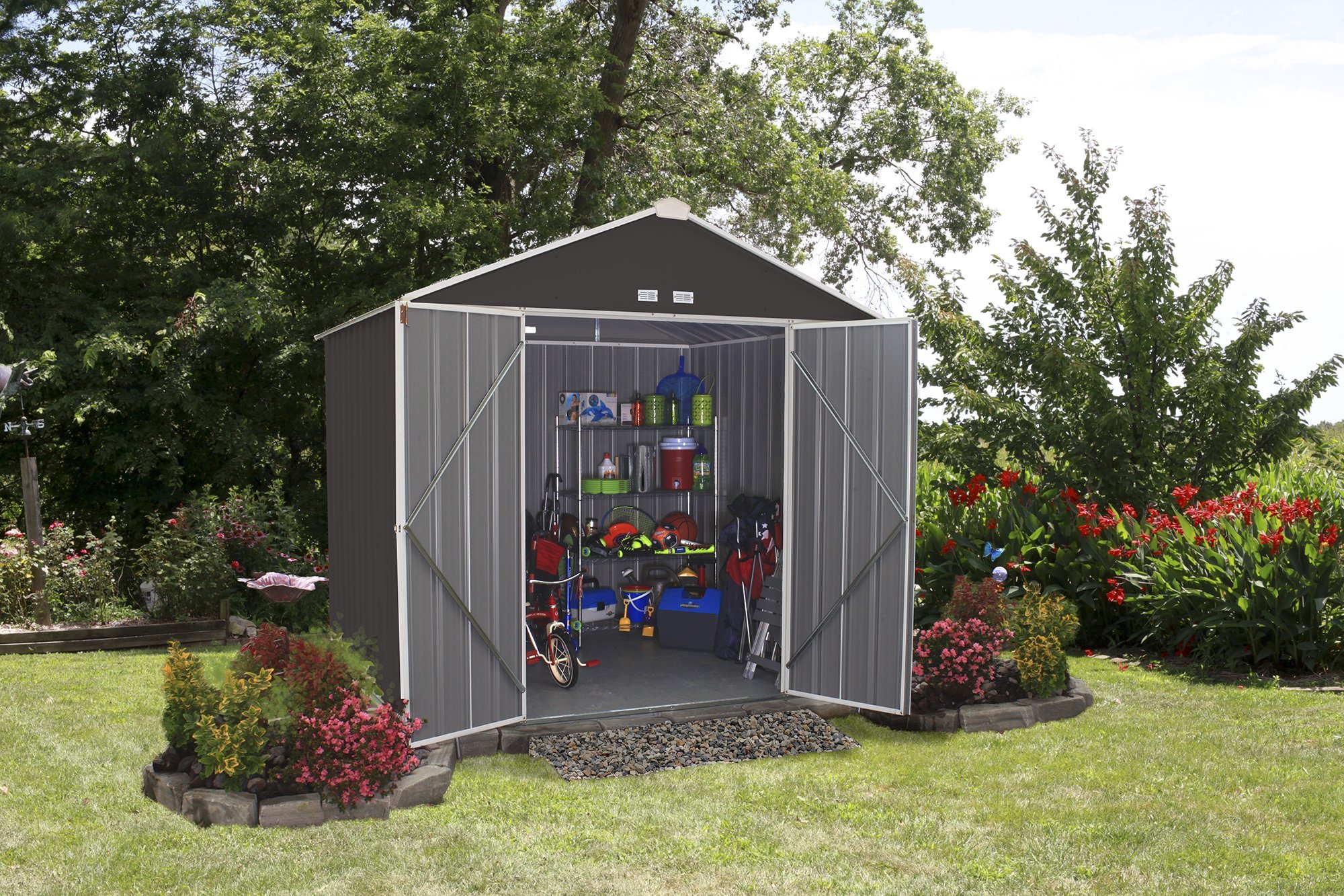 arrow ezee shed high gable steel storage shed, charcoal