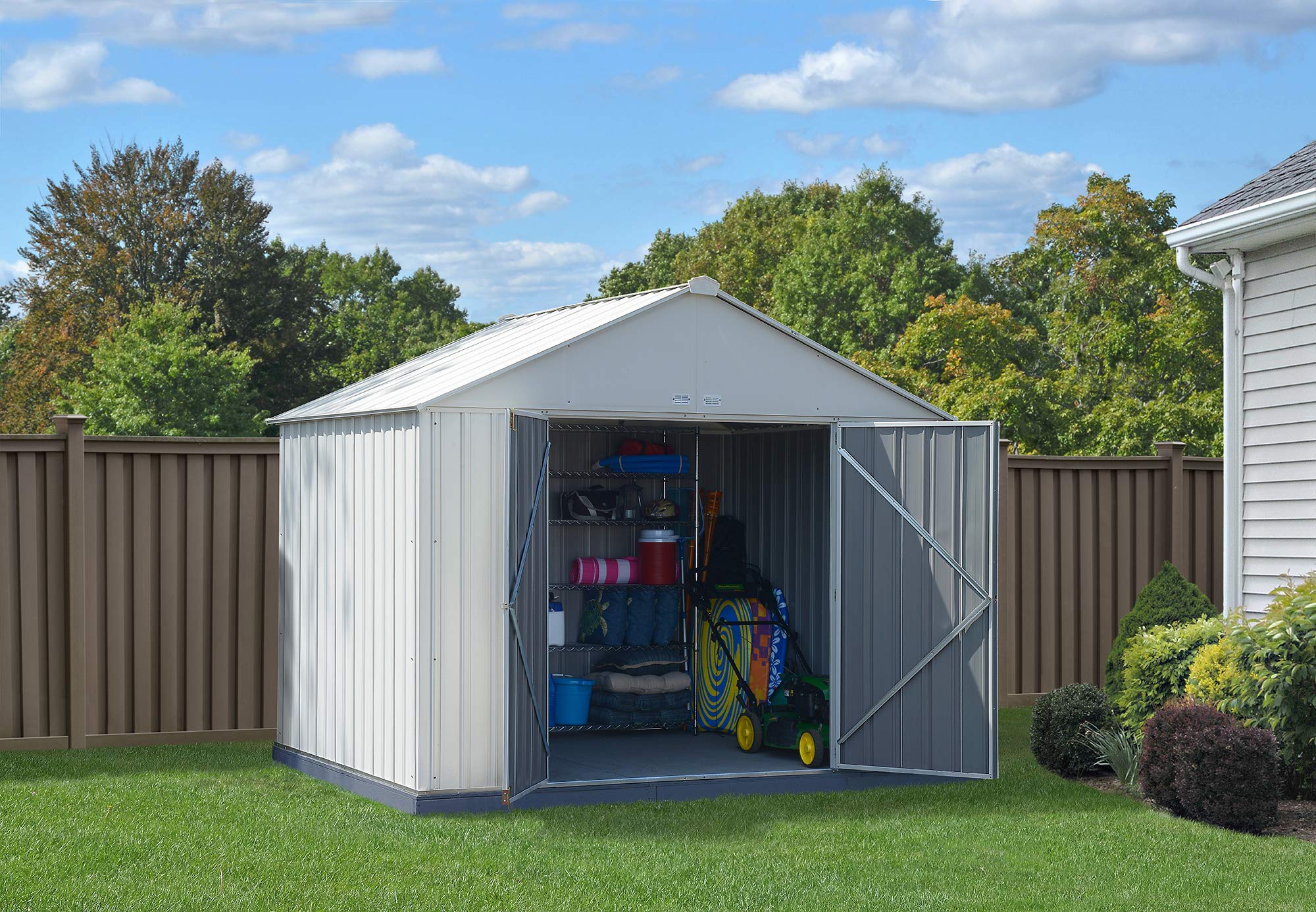 arrow ezee shed extra high gable steel storage shed, cream