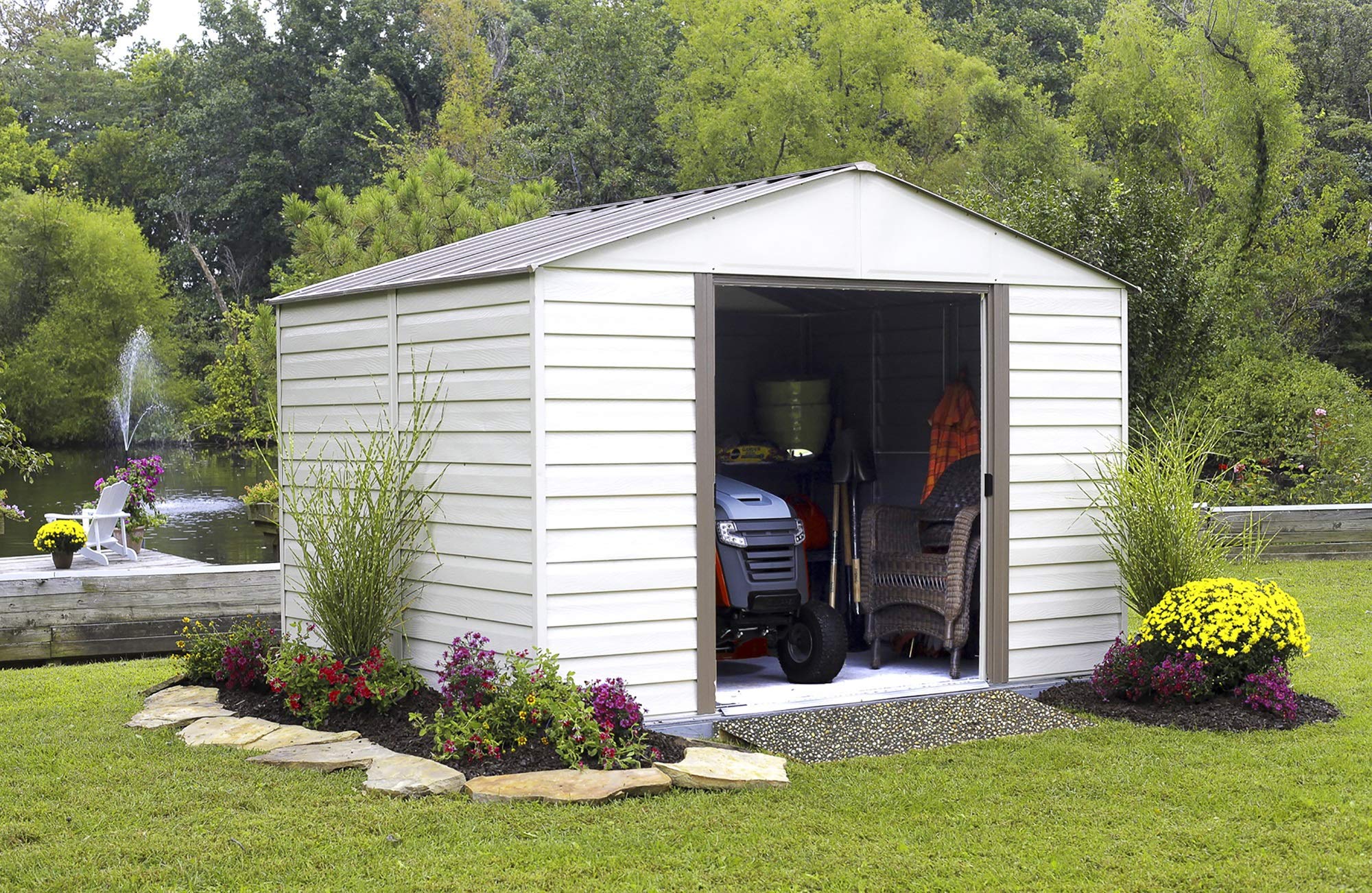 Arrow Vinyl Milford High Gable Steel Storage Shed, Grey Bark/Almond, 10 ...