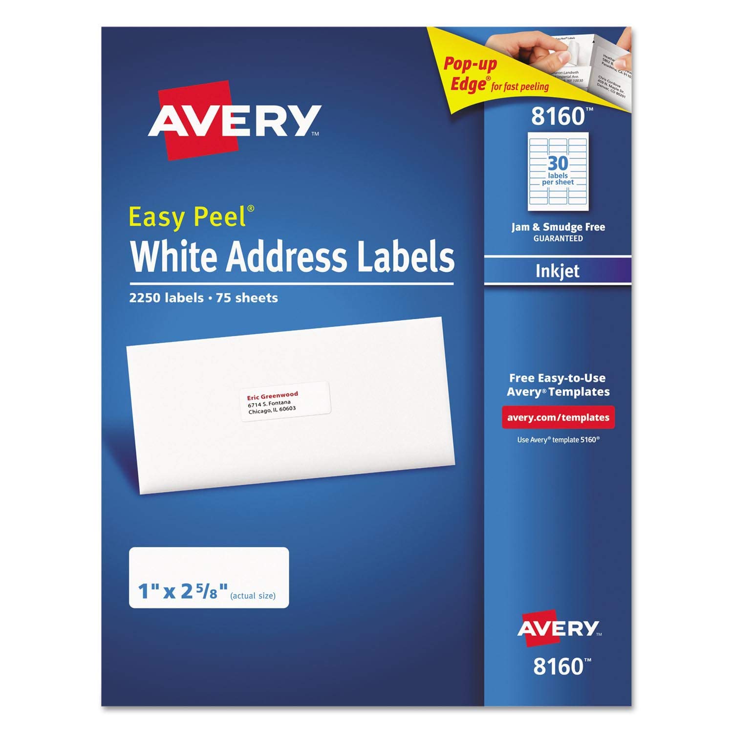 Avery 8160 Easy Peel Address Labels, 30 per Sheet, Inkjet, White, 2250