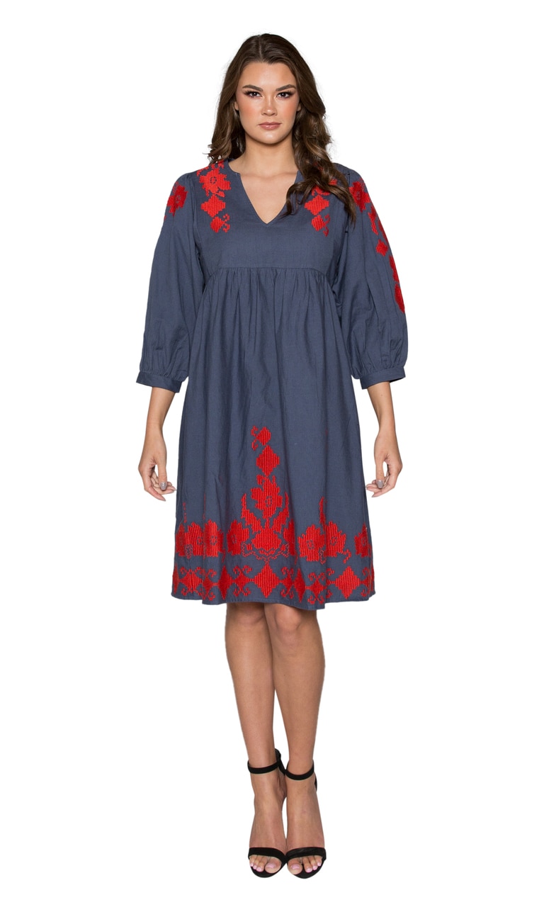 jora embroidered peasant dress Handmade Vintage Jora Embroidered Peasant Maxi Dress Blue Stunning M/L