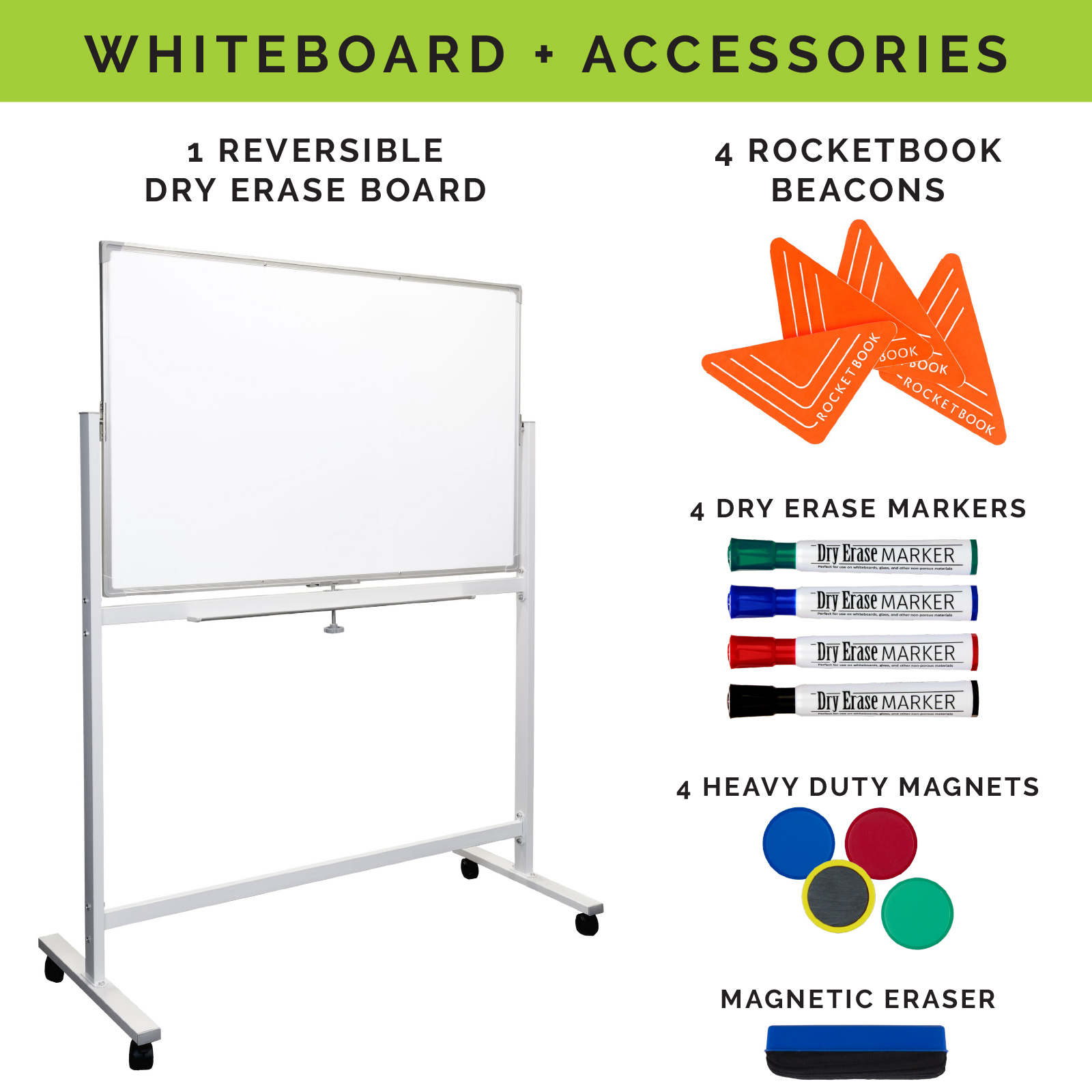 Large 48x32 White Board on Wheels Rolling Stand & 4 Dry Erase Markers
