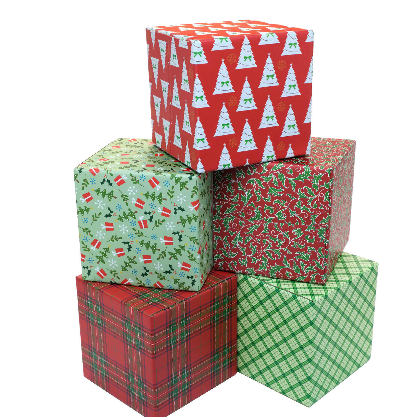 Holiday Gift Shipping Boxes (Pack of 5 Assorted Patterns 6"x6"x6