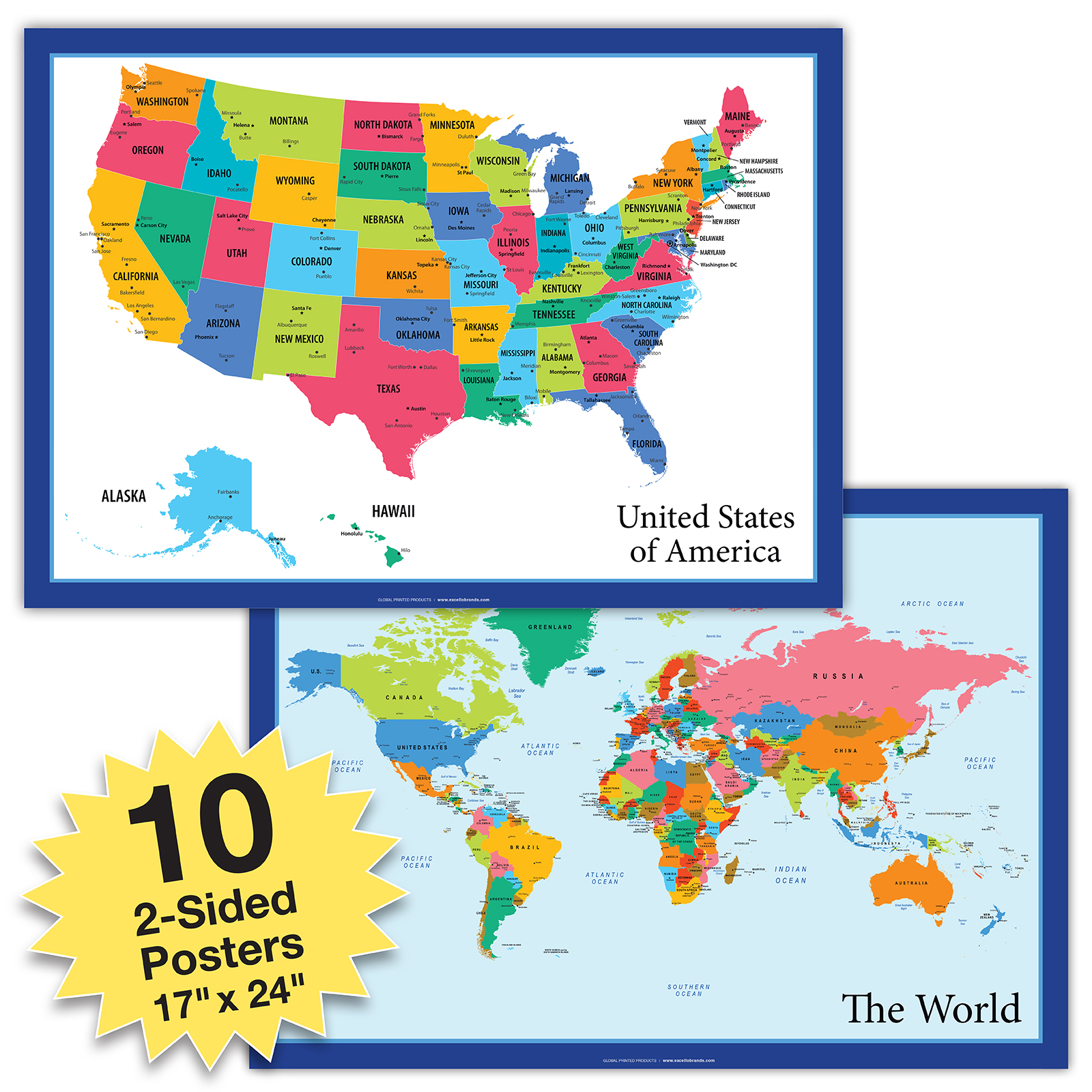 10 Extra Large USA Map and World Map Posters (24x17 inch Double Sided ...