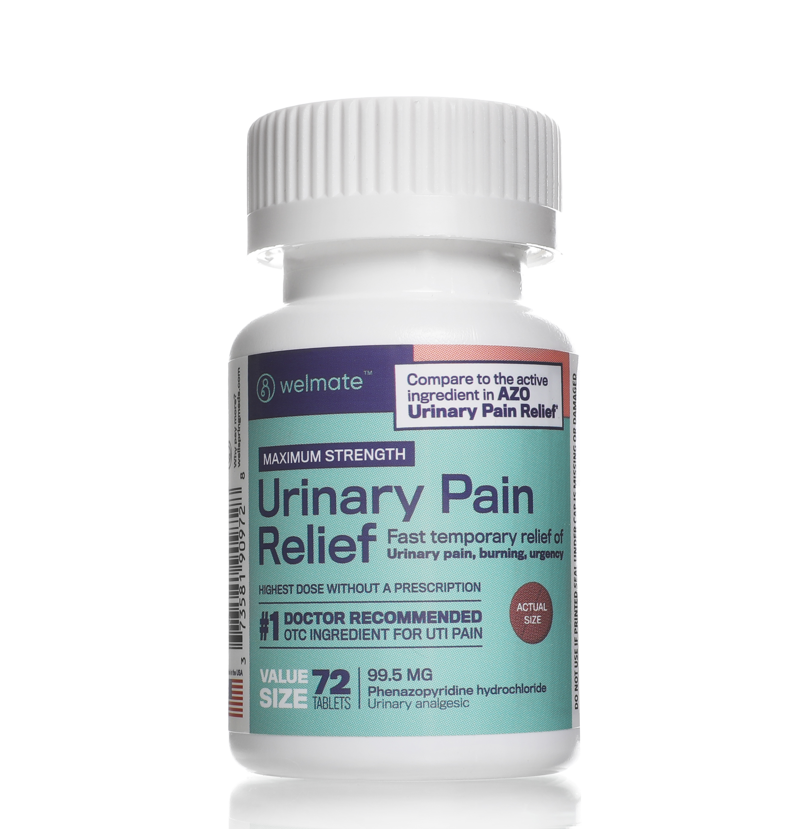 Urinary Pain Relief 72 Count Tablets Phenazopyridine HCL 99.5 mg