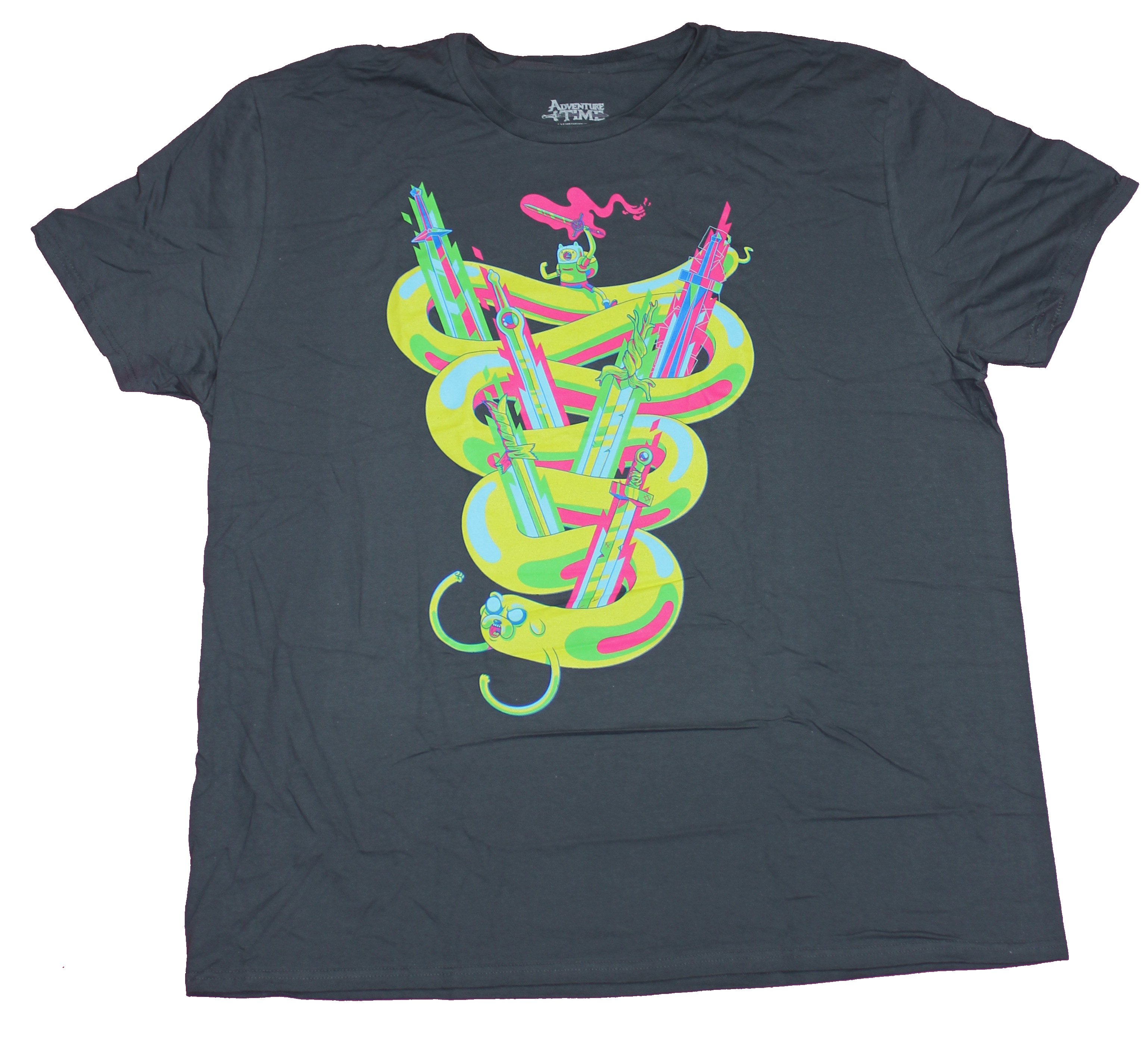 Adventure Time Mens T-Shirt- Day Glow Jake & Finn Stretched Around ...