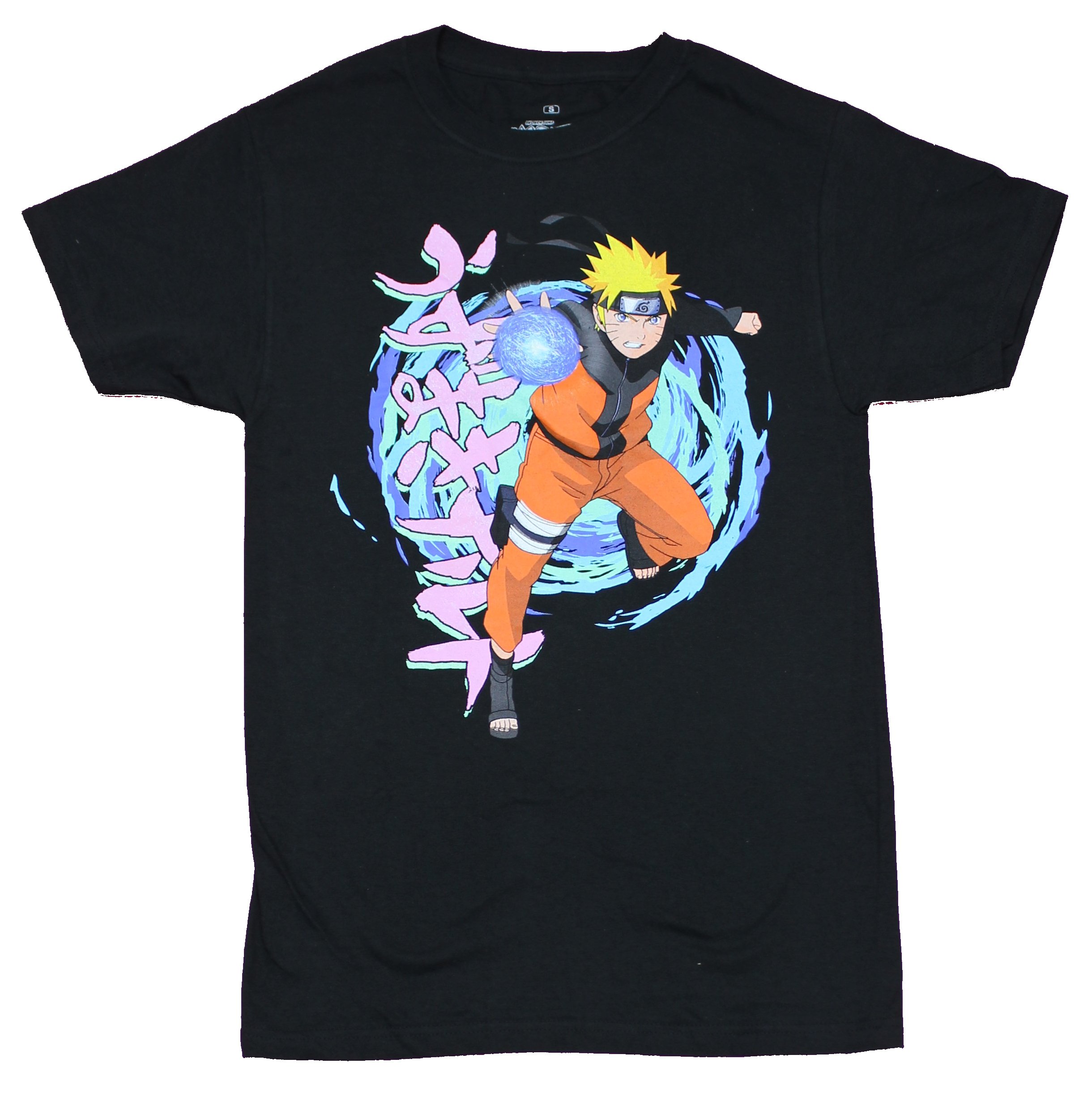 Naruto Shippuden Mens T-Shirt – Blue Swirl Pink Kanji Attack Image