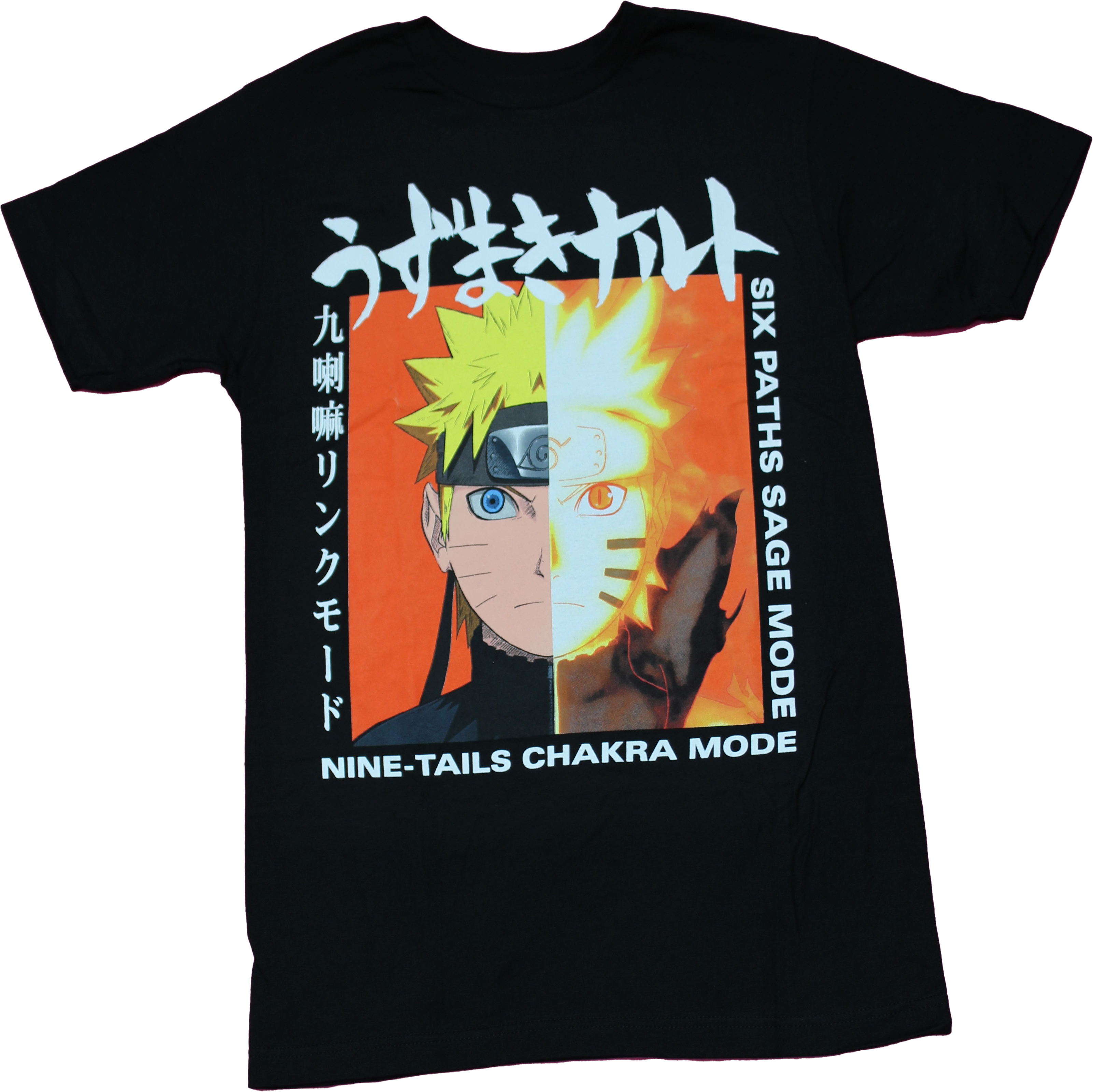Naruto Shippuden New Adult T-Shirt - Split Face Below Kanji in Box