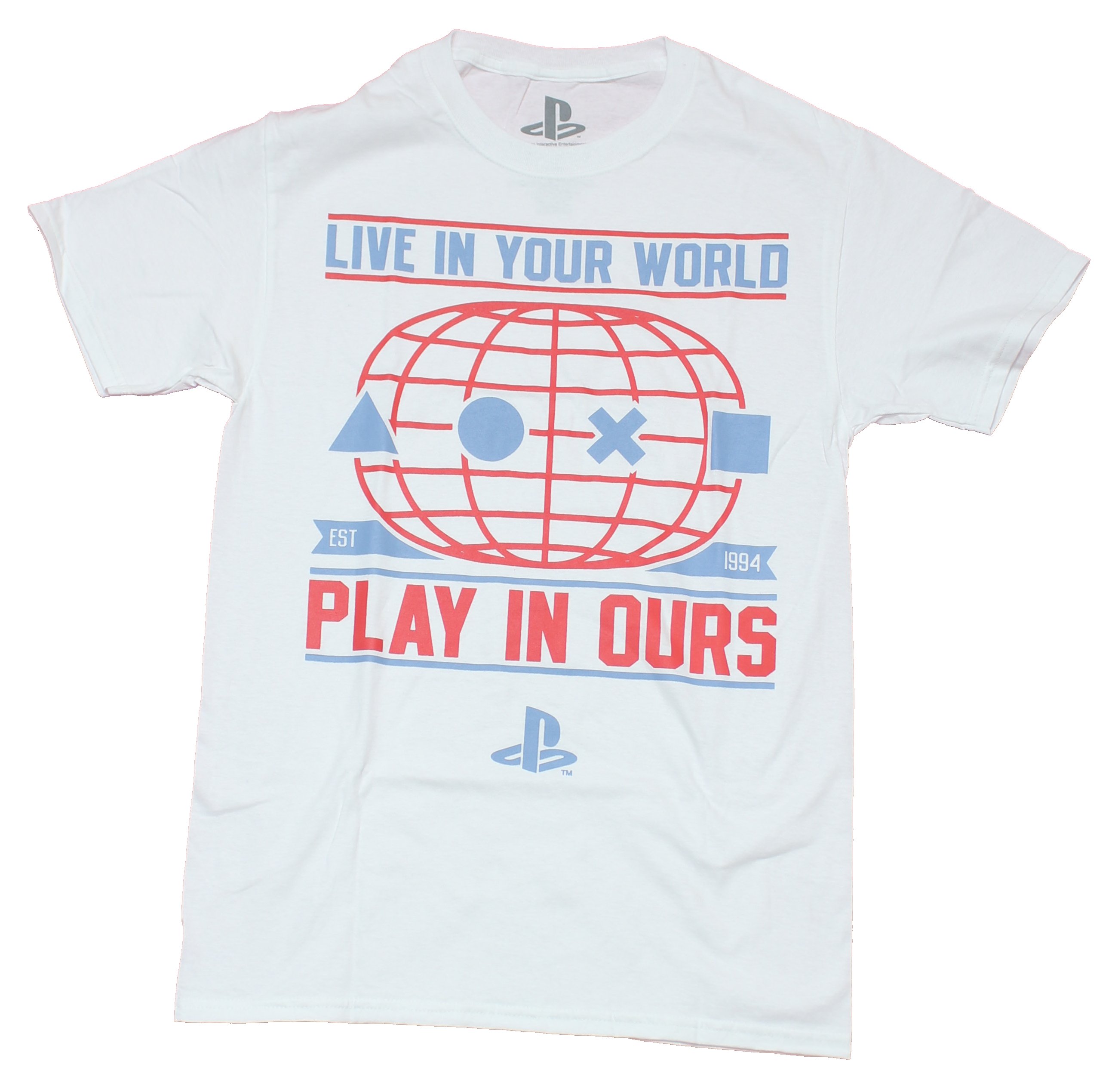 PlayStation Mens T-Shirt - Live in Your World Play in Ours Button 